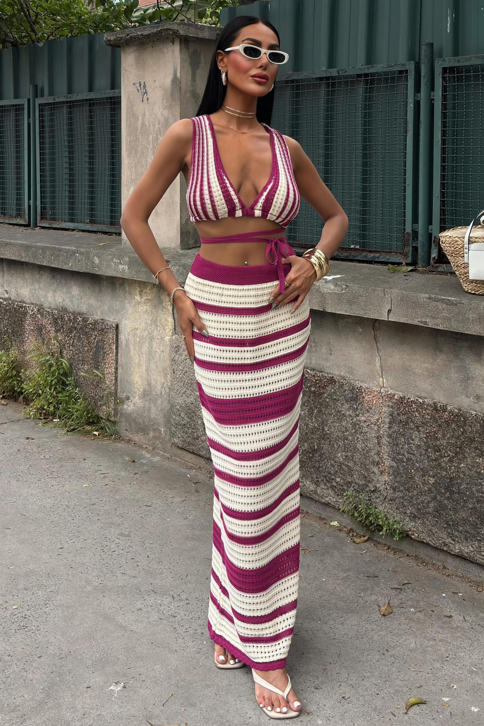 Çizgili Bikini Üst Ve Etek Triko Takım 10110 R2-K-K5