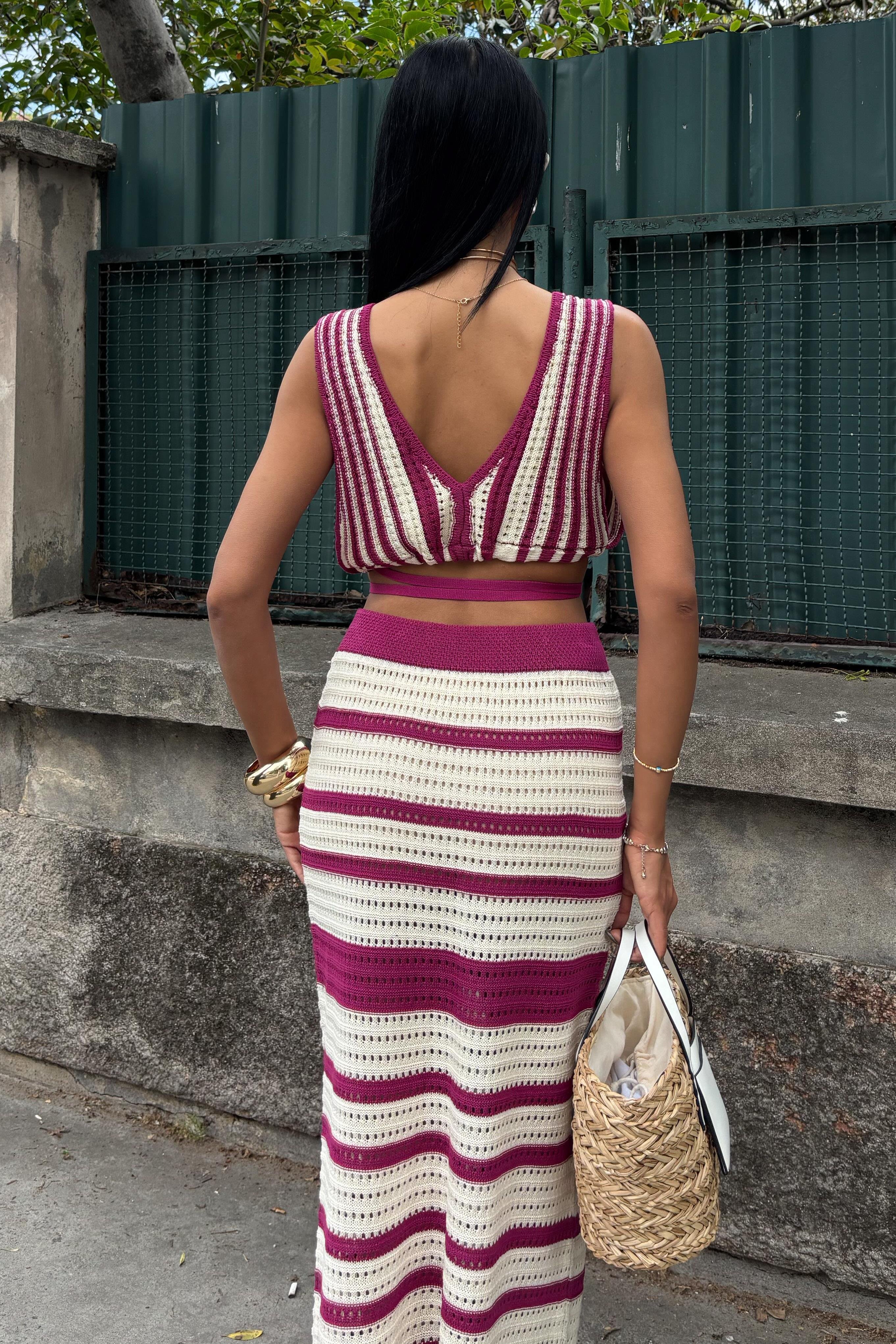 Çizgili Bikini Üst Ve Etek Triko Takım 10110 R2-K-K5