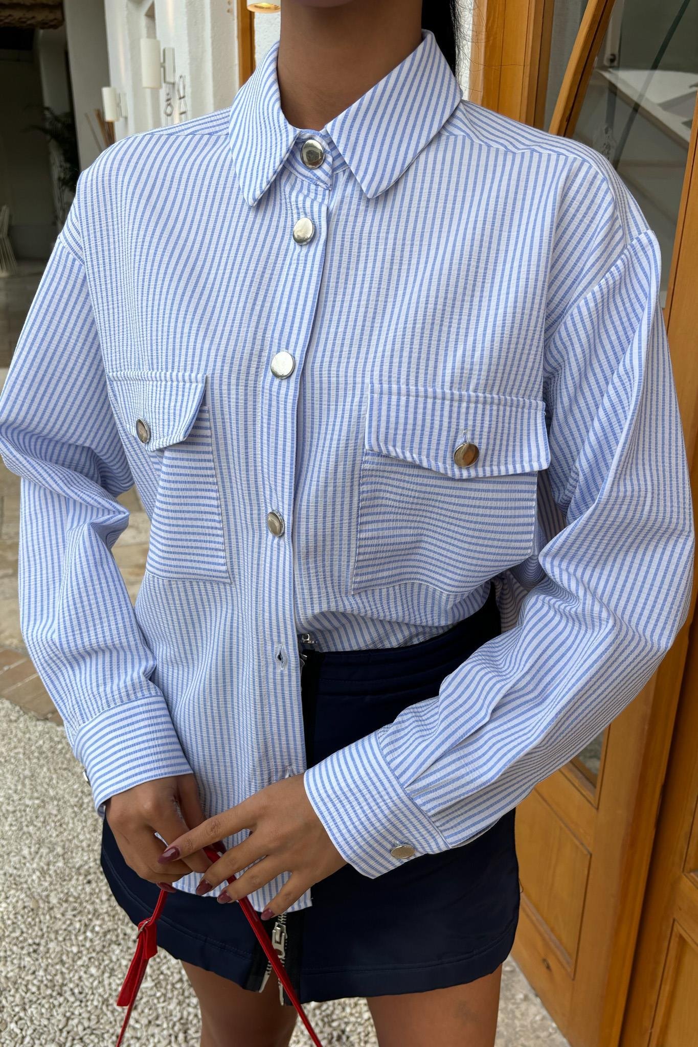 Çizgili Gofre Kumaş Metal Düğmeli Gömlek 3460 R9-D-K2