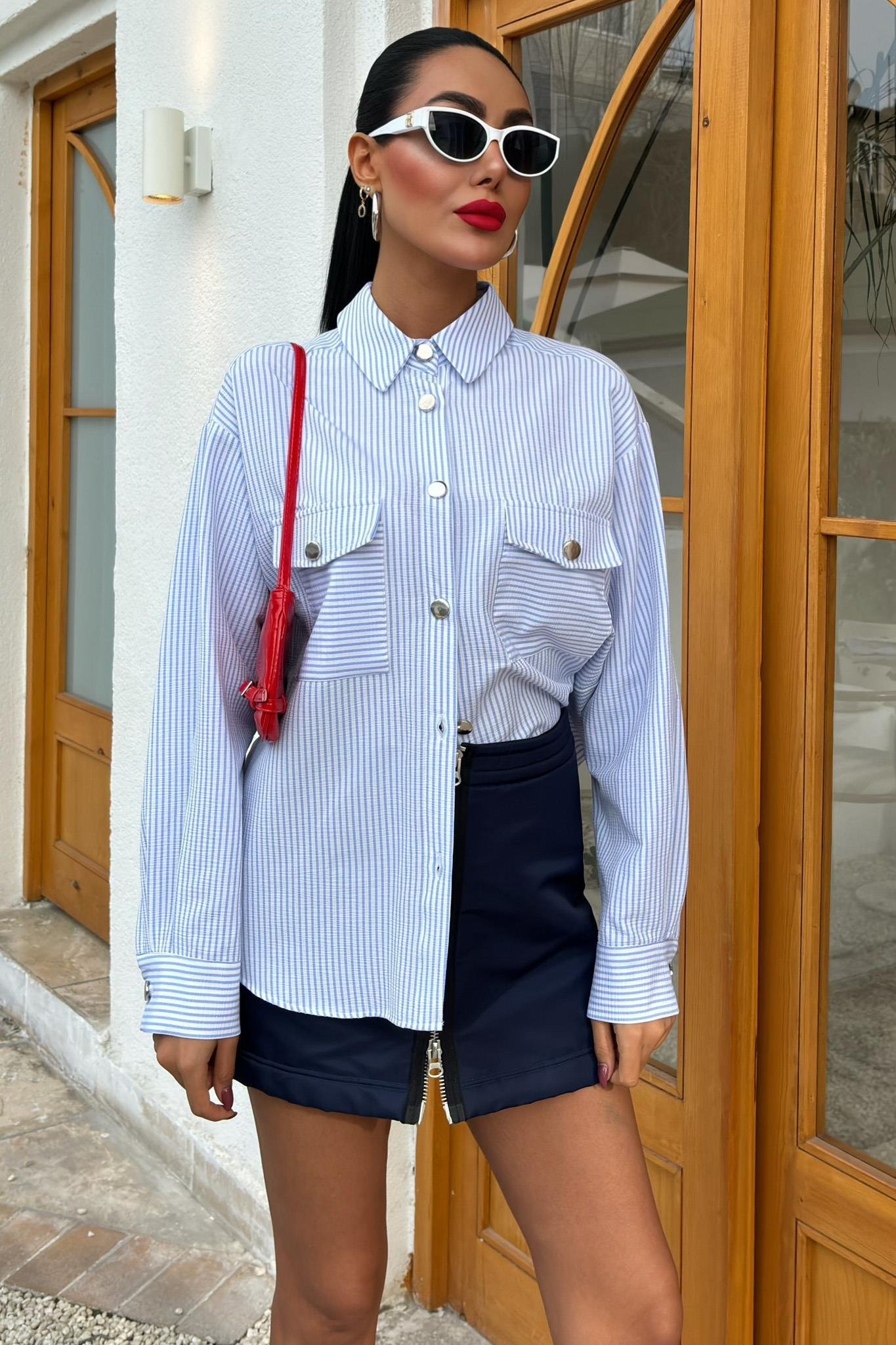 Çizgili Gofre Kumaş Metal Düğmeli Gömlek 3460 R9-D-K2