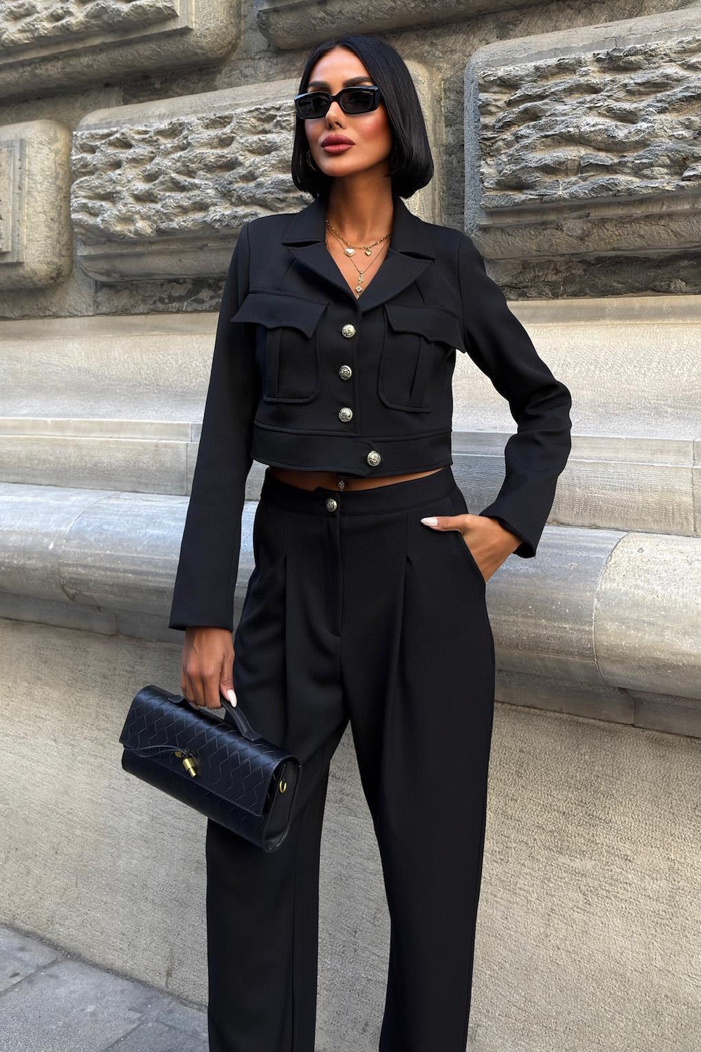 Crop Ceket ve Vintage Düğmeli Premium Takım 10239