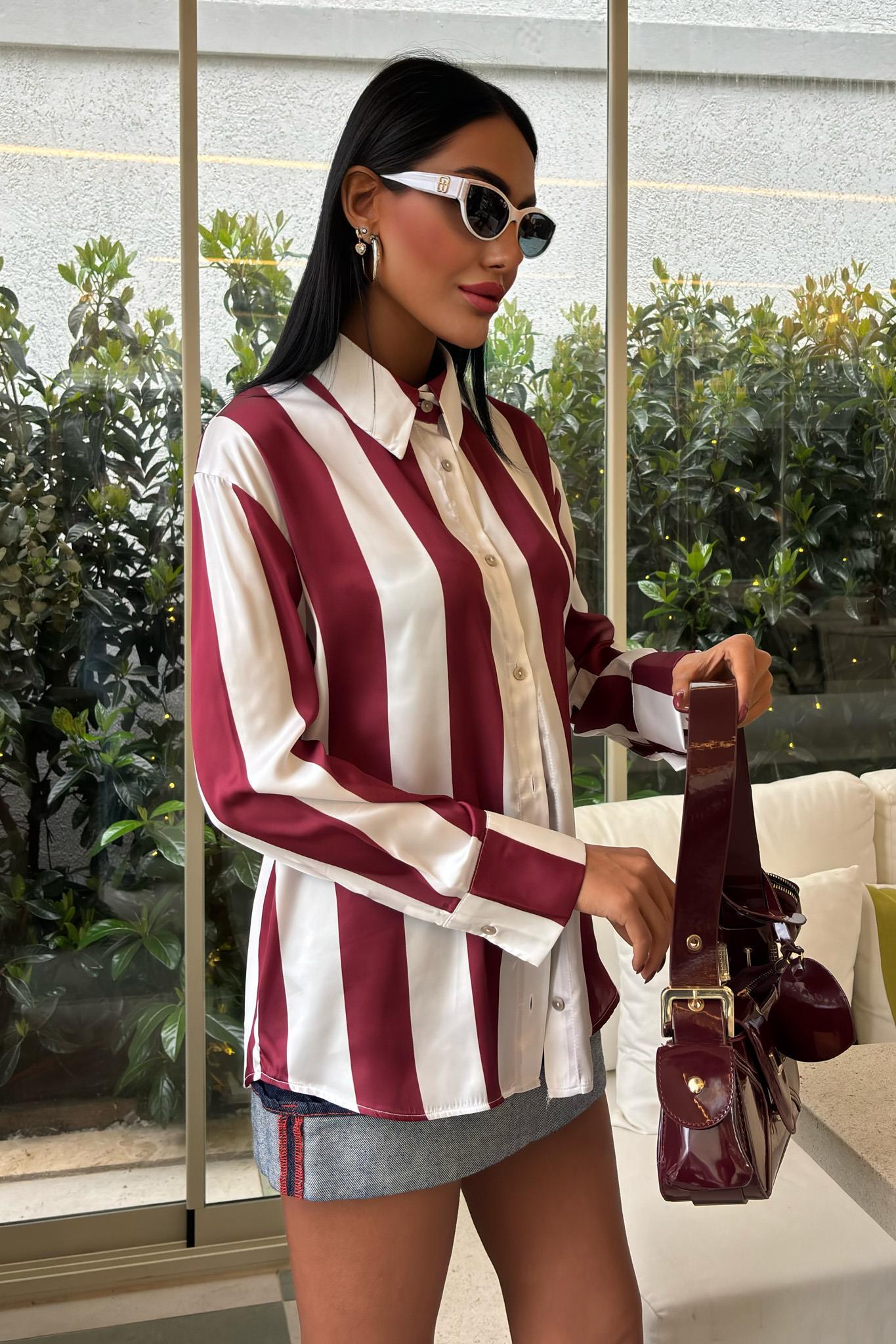 Çubuk Çizgili Şifon Saten Gömlek 3428 R7-K-K5