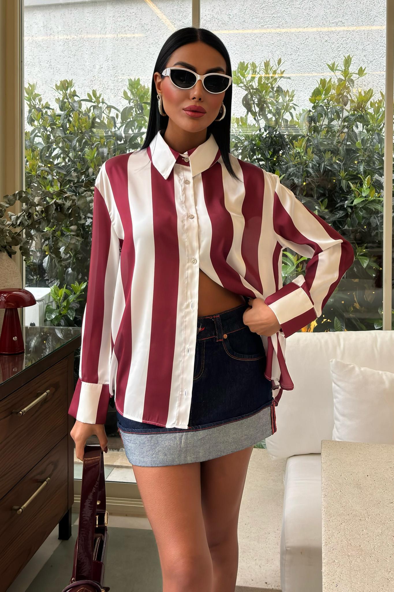 Çubuk Çizgili Şifon Saten Gömlek 3428 R7-K-K5