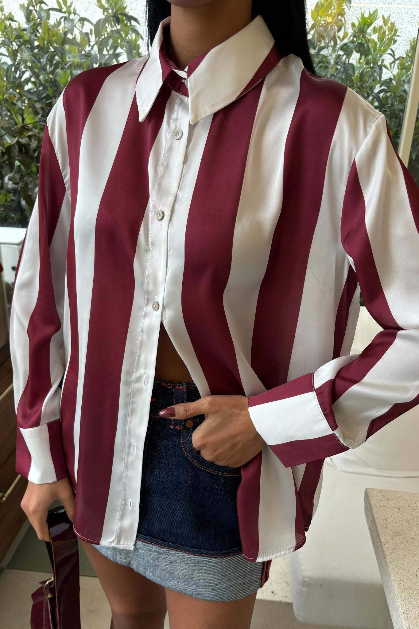 Çubuk Çizgili Şifon Saten Gömlek 3428 R7-K-K5