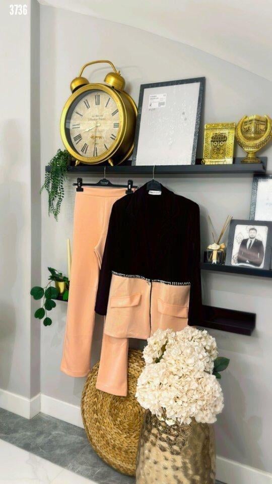 Dalgıç Kumaş Inci Detaylı Ceket Pantolon Ikili Takım