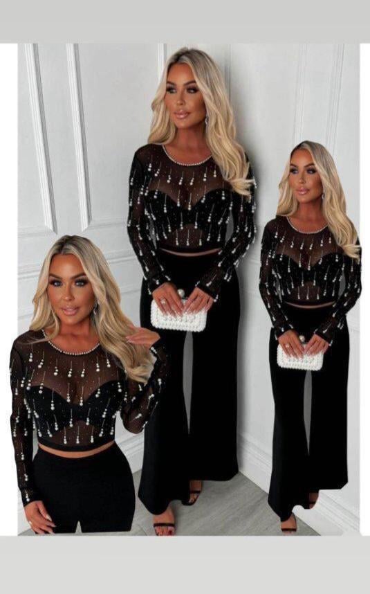 Dalgıç Kumaş Pantolon Tül Inci Detay Bluz Tasarım Ikili Takım