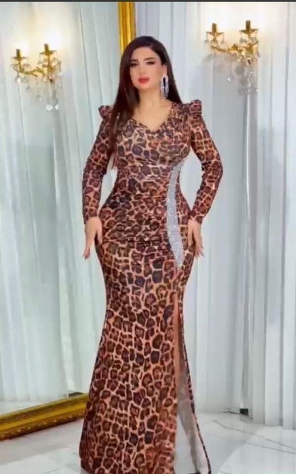 Dalgıç Kumaş Taş Detaylı Leopar Digital Baskı Elbise