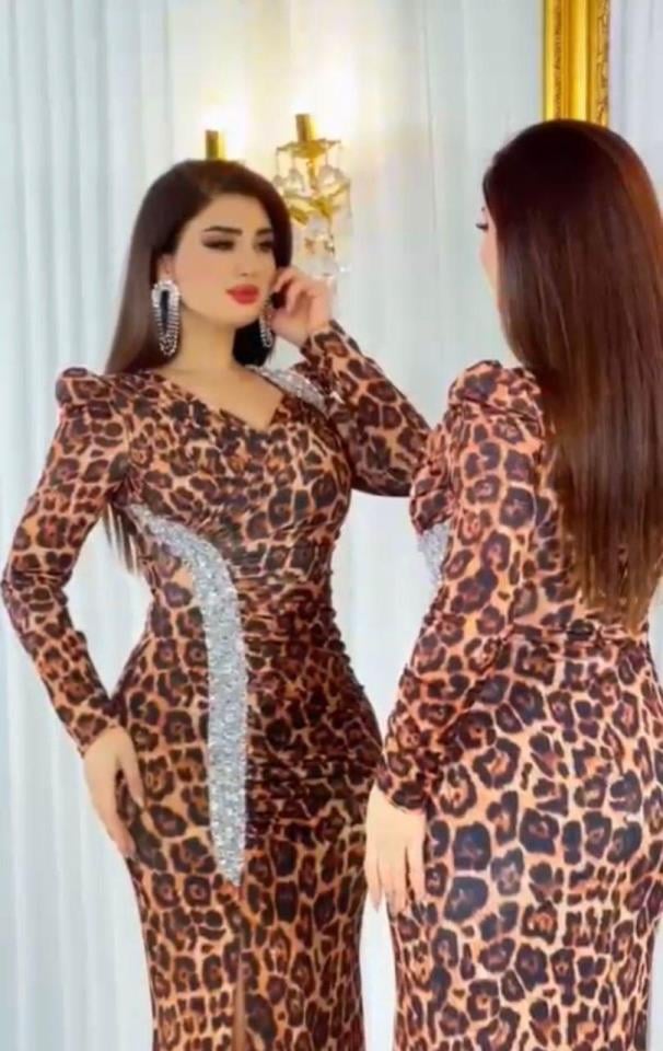 Dalgıç Kumaş Taş Detaylı Leopar Digital Baskı Elbise