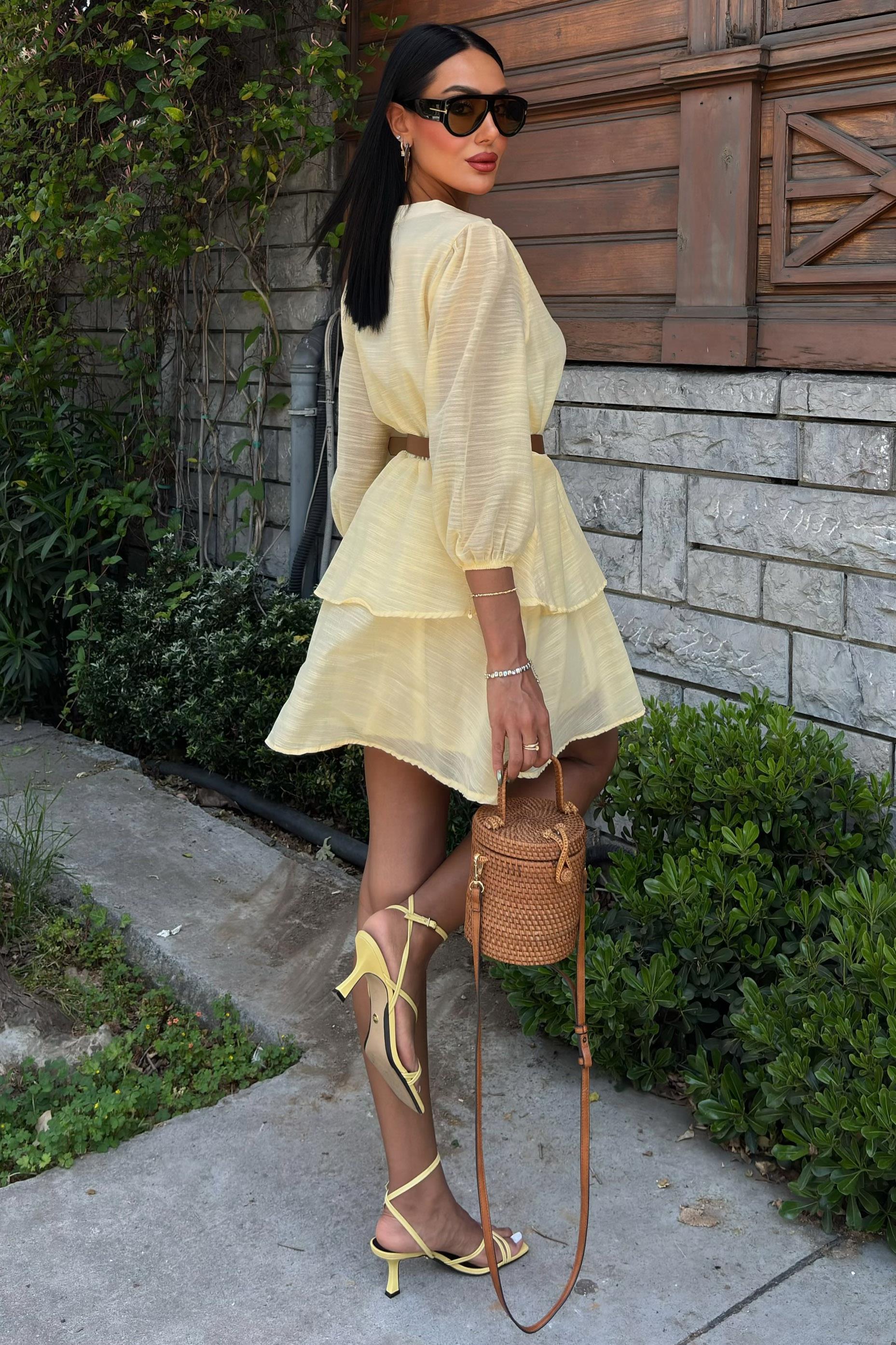 Deri Kemerli Fırfırlı Elbise 2901 R7-C-K4