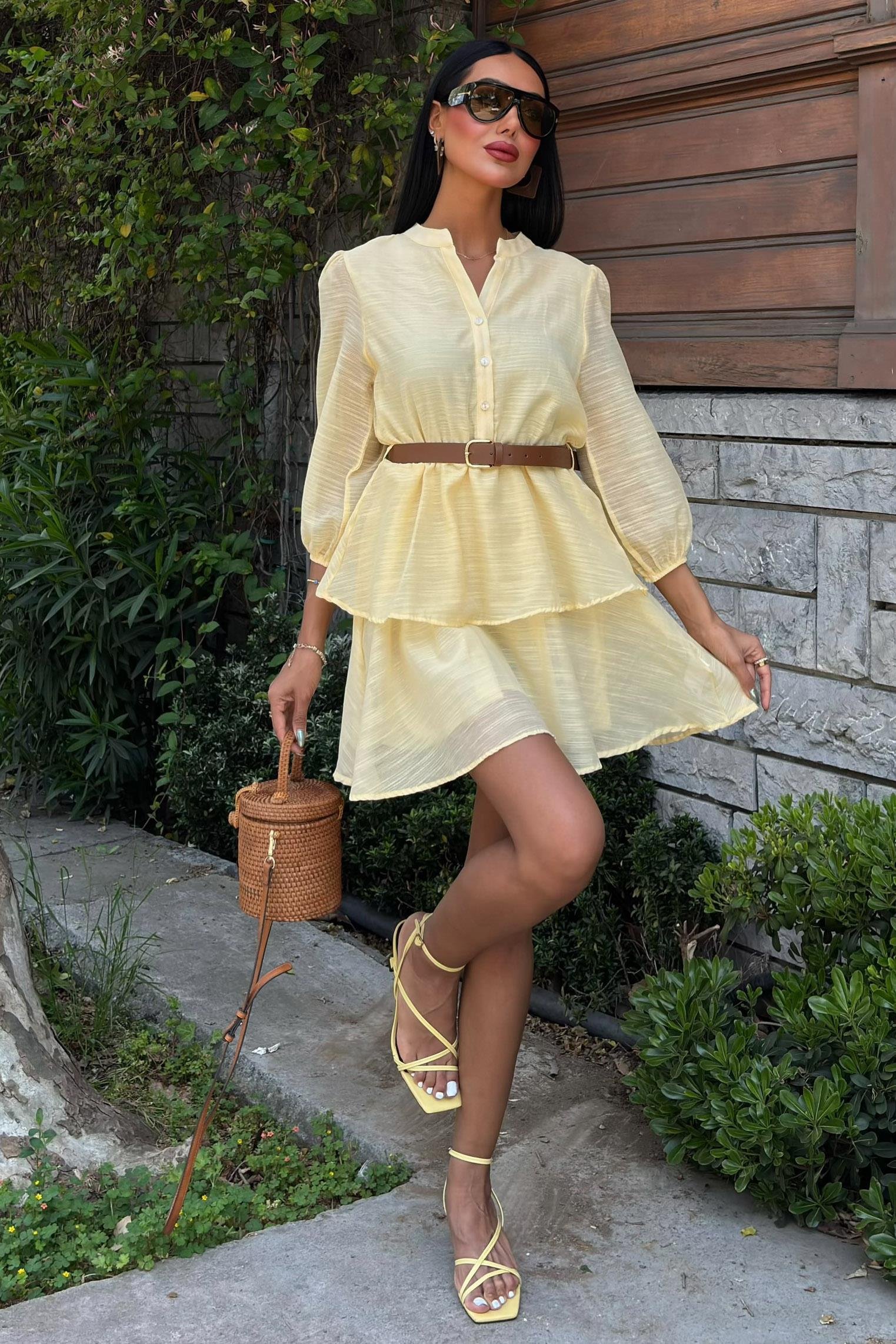 Deri Kemerli Fırfırlı Elbise 2901 R7-C-K4