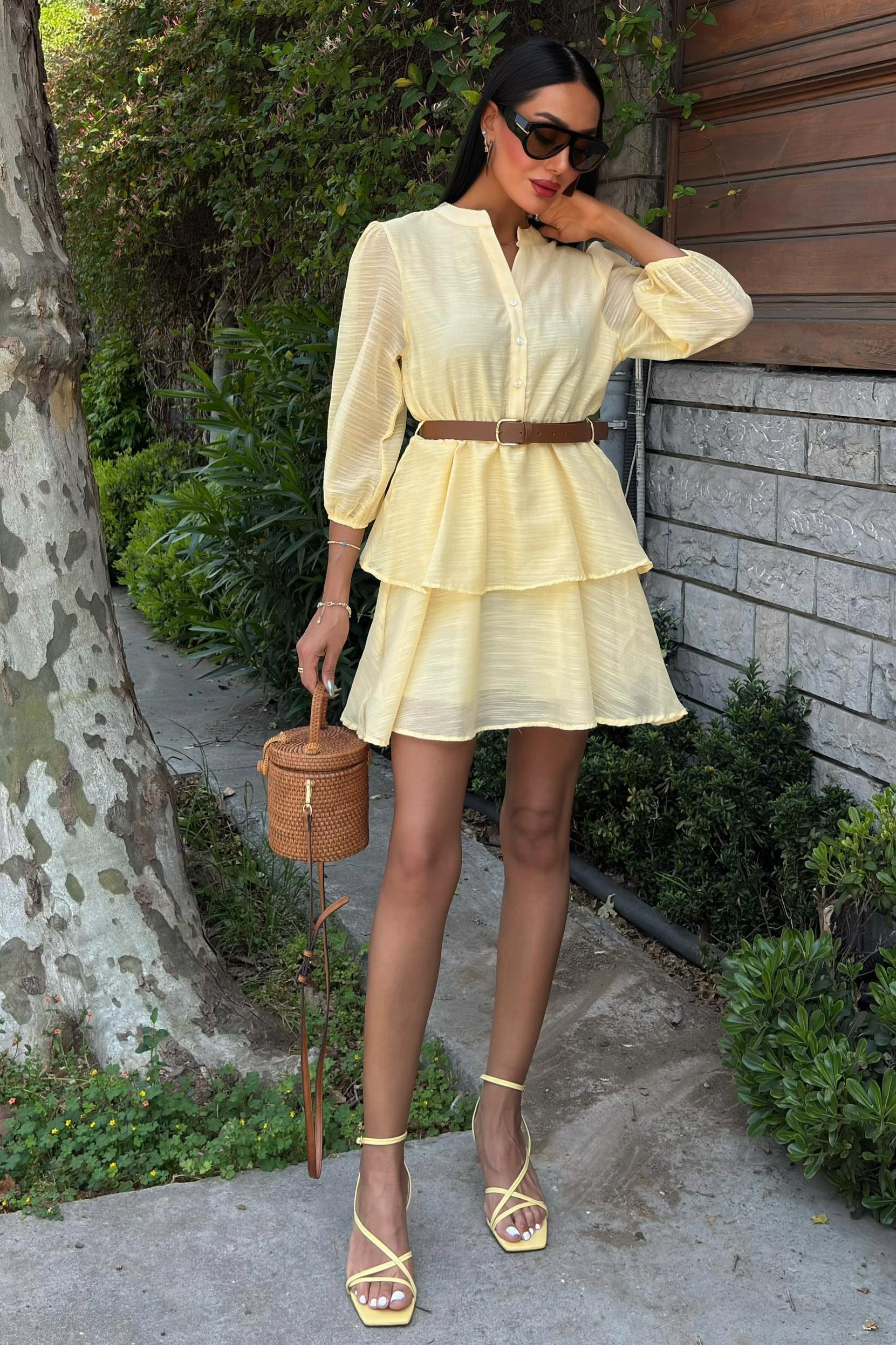 Deri Kemerli Fırfırlı Elbise 2901 R7-C-K4