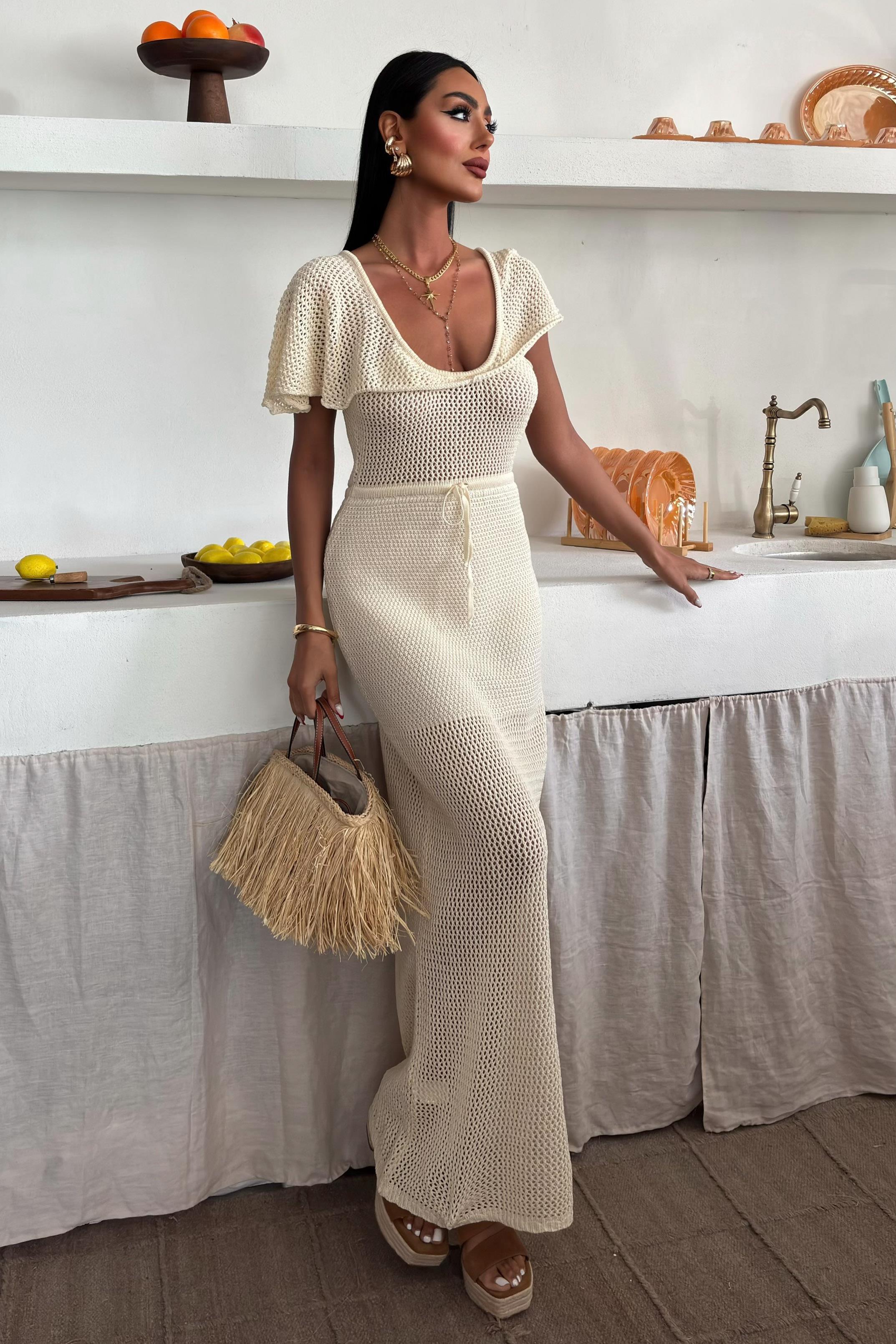 Derin Yakalı ve File Detaylı Triko Elbise 2867 R1-H-K2