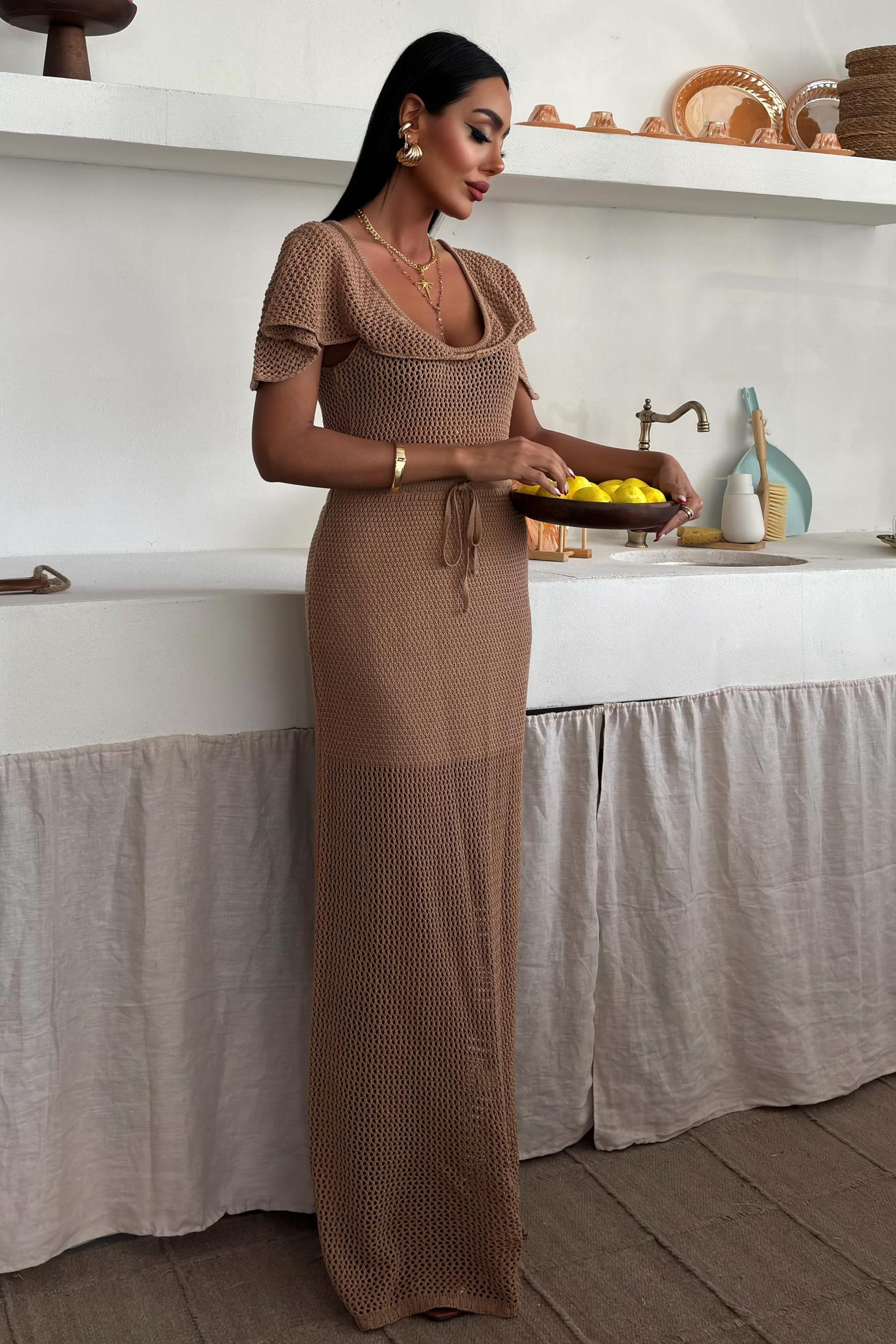 Derin Yakalı ve File Detaylı Triko Elbise 2867 R1-H-K2