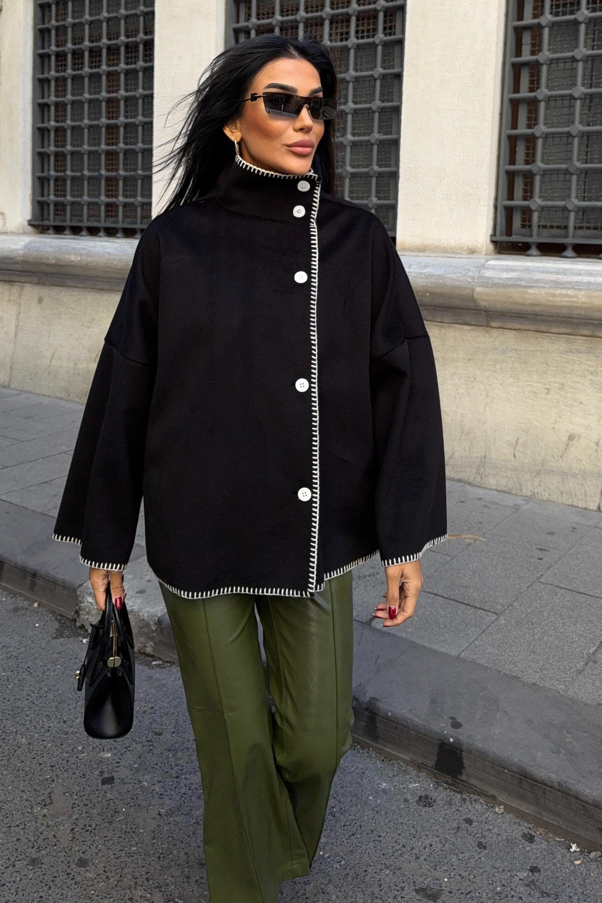 Dikiş Detaylı Dik Yaka Kaşe Ceket 6138