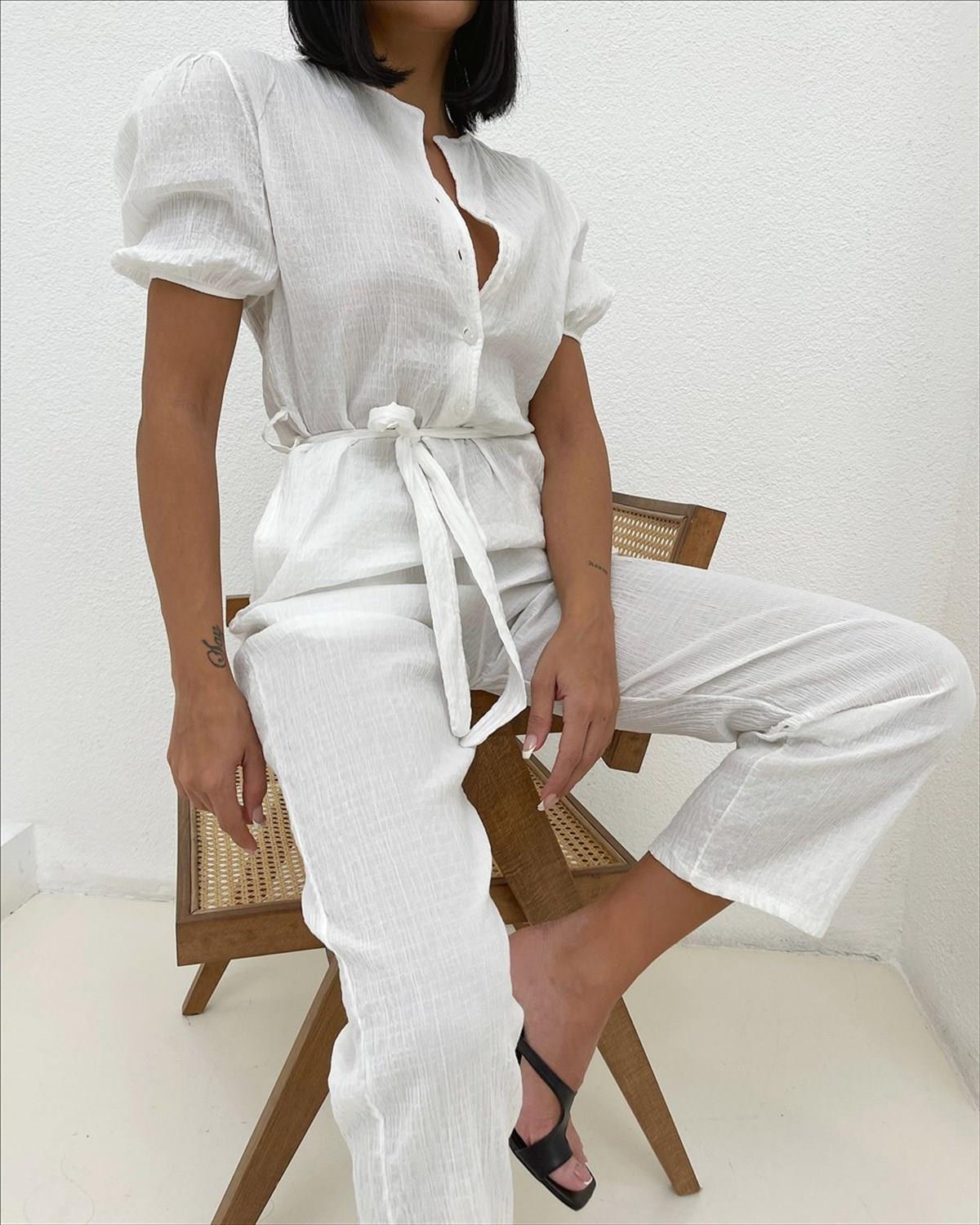 Düğme detay rahat tulum - BEYAZ