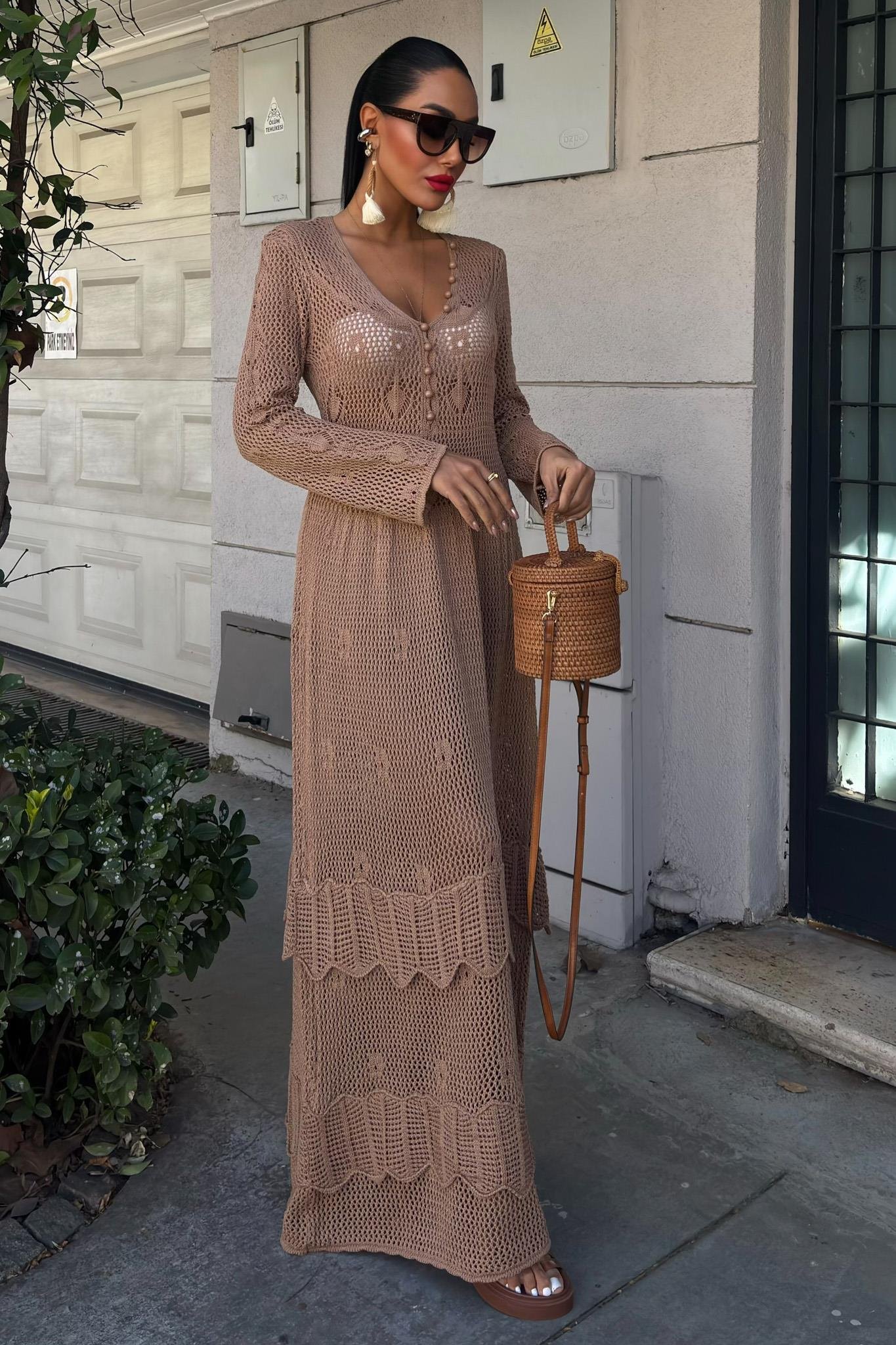 Düğme Detaylı ve Kat Etekli Etnik Elbise 2859 R1-J-K4