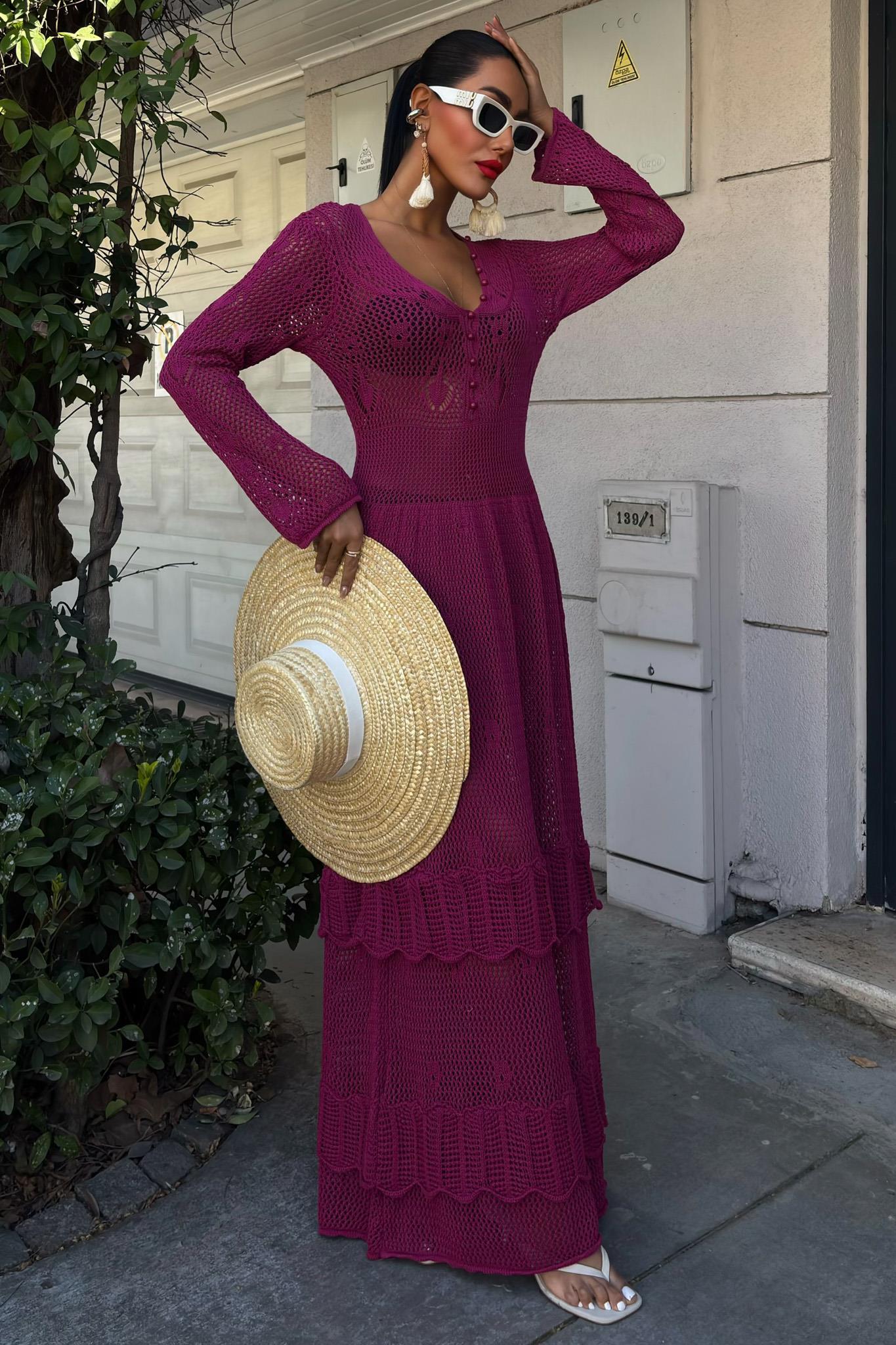 Düğme Detaylı ve Kat Etekli Etnik Elbise 2859 R1-J-K4