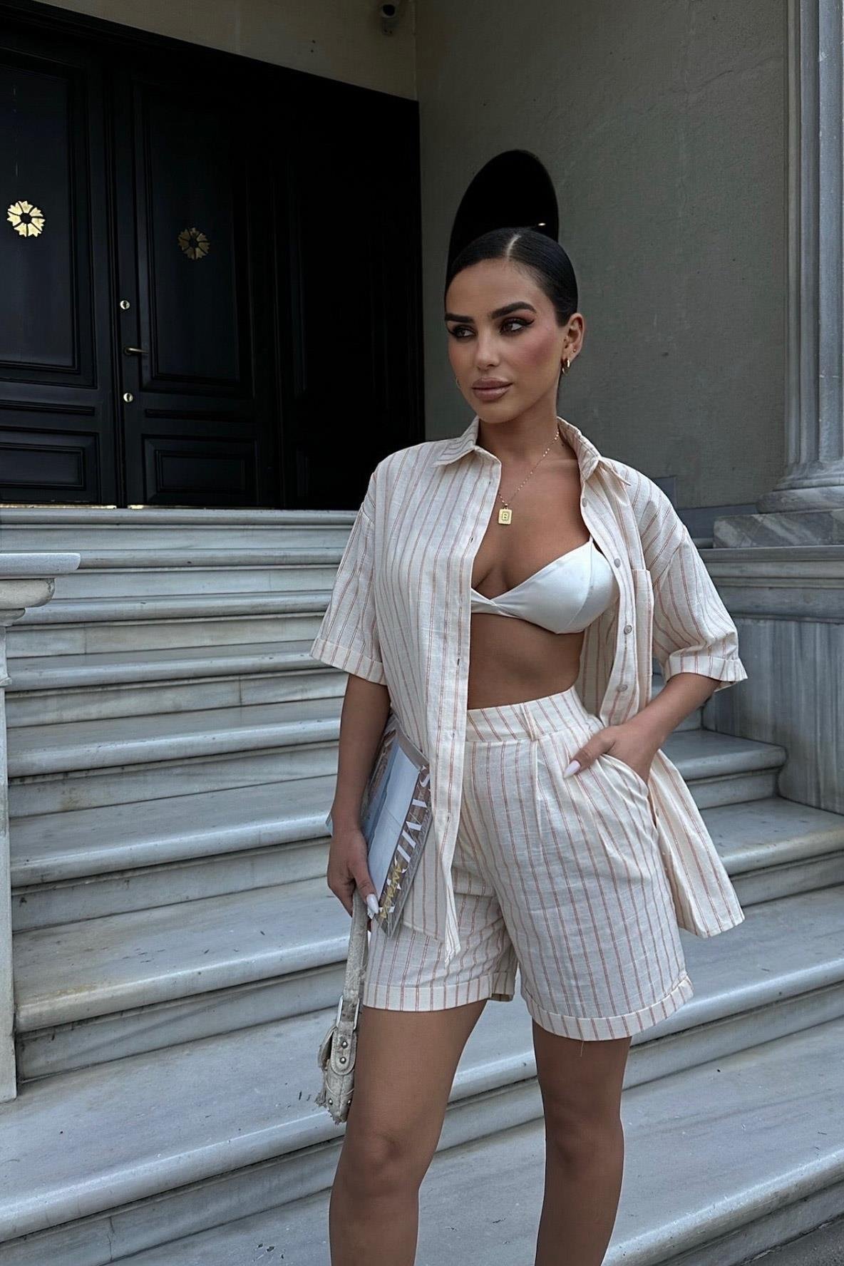 Eirene Çizgili Şort Takım 9822-0025