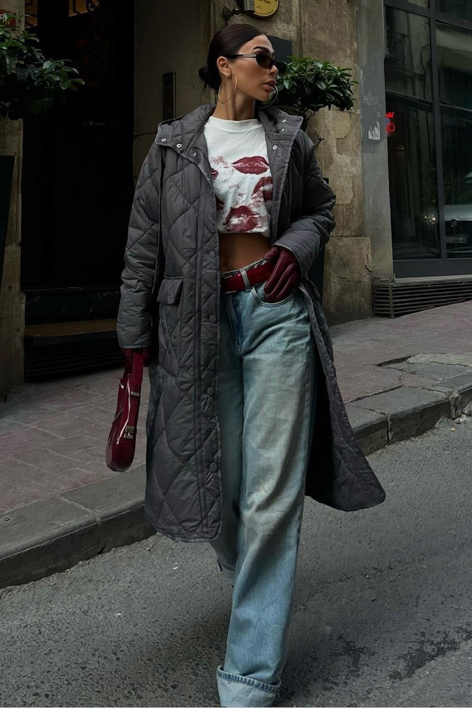 Fermuar ve Kapşonlu Uzun Kapitone Mont 7062 R11-A-K2