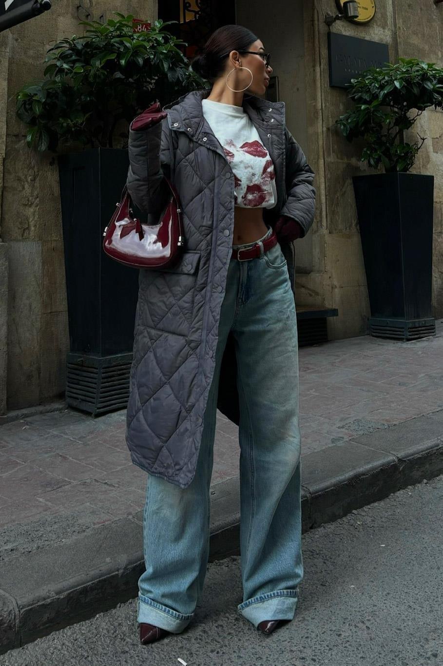 Fermuar ve Kapşonlu Uzun Kapitone Mont 7062 R11-A-K2