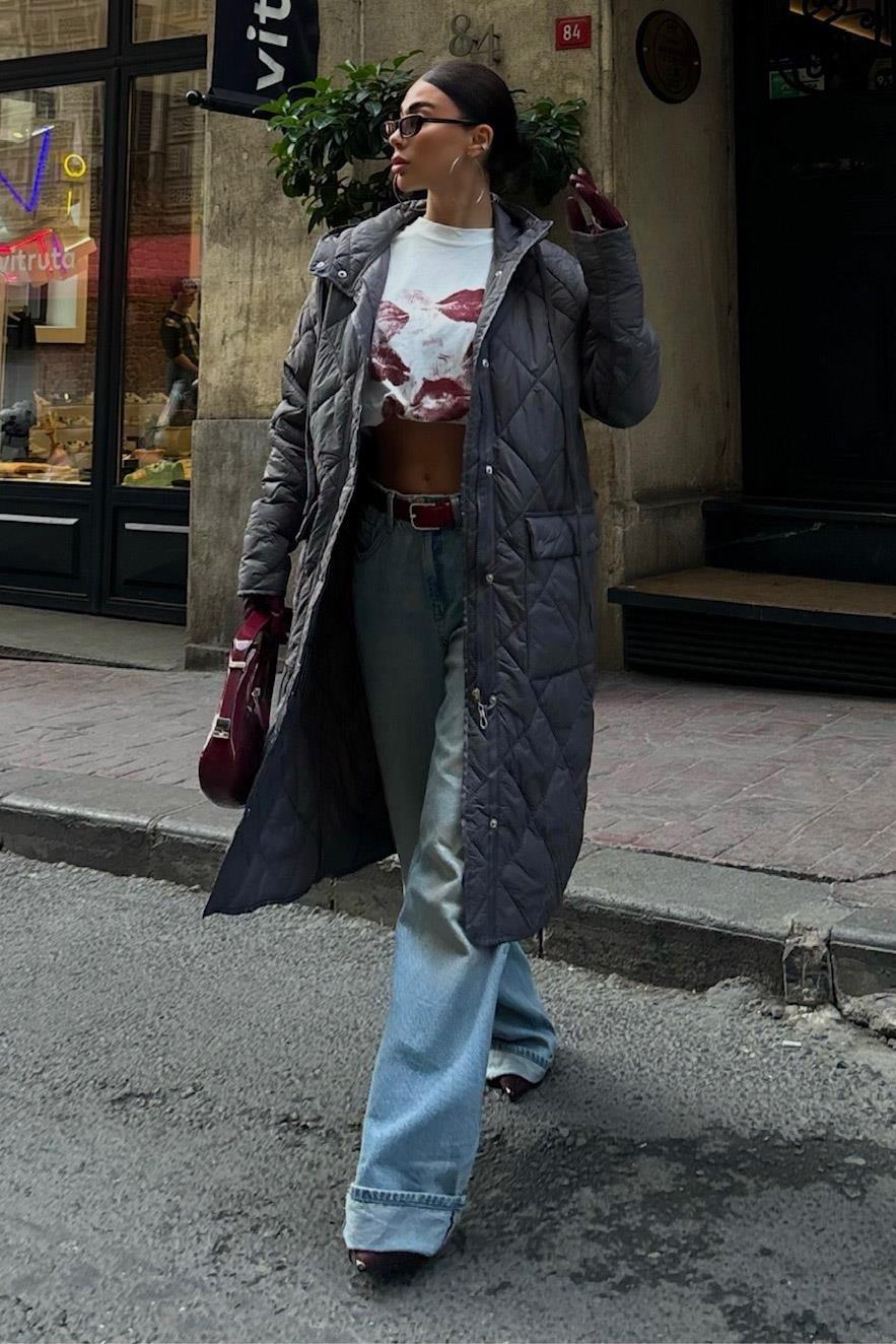 Fermuar ve Kapşonlu Uzun Kapitone Mont 7062 R11-A-K2