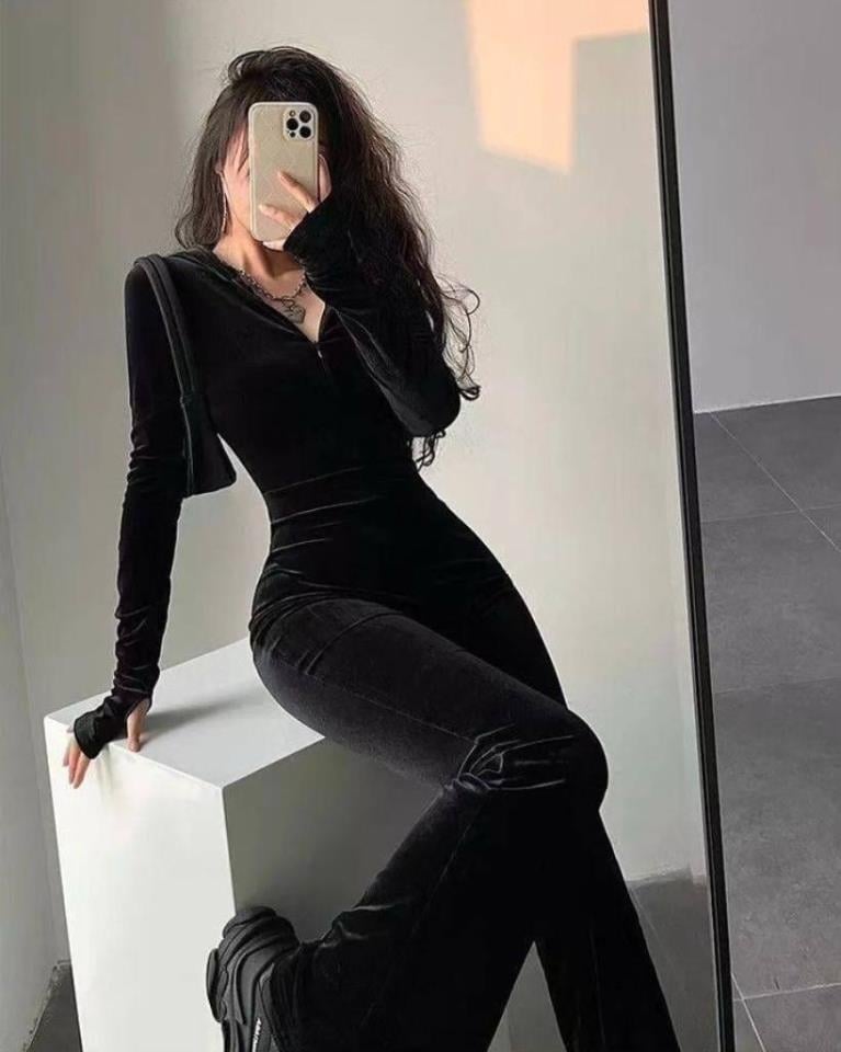 Ful Likralı Kadife Kumaş Fermuarlı Tulum