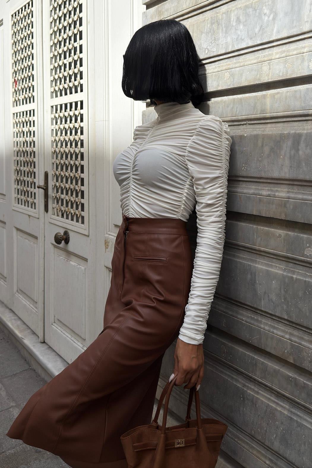 Full Likra Büzgülü Sandy Bluz 3481