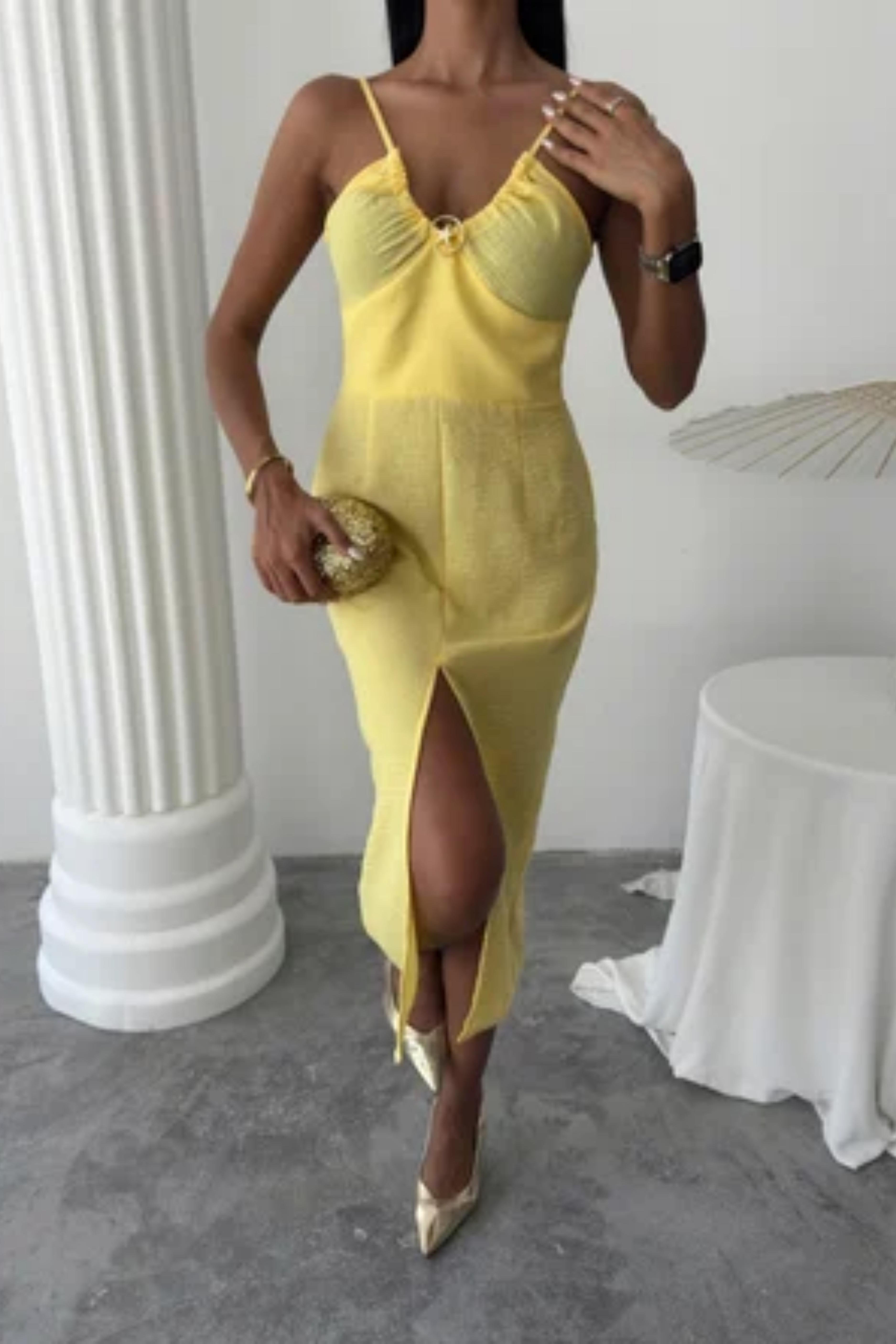 Göğsü Aksesuarlı Önü Yırtmaçlı Elbise 2899 R5-G-K4