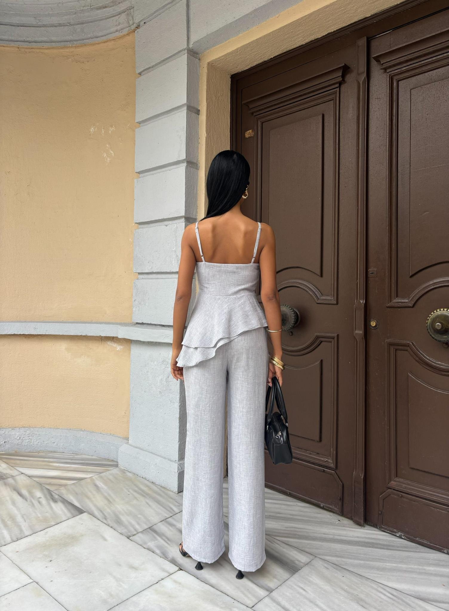 Göğsü Pencereli Fırfır Detay Flamlı Keten Takım 10161 R7-B-K5