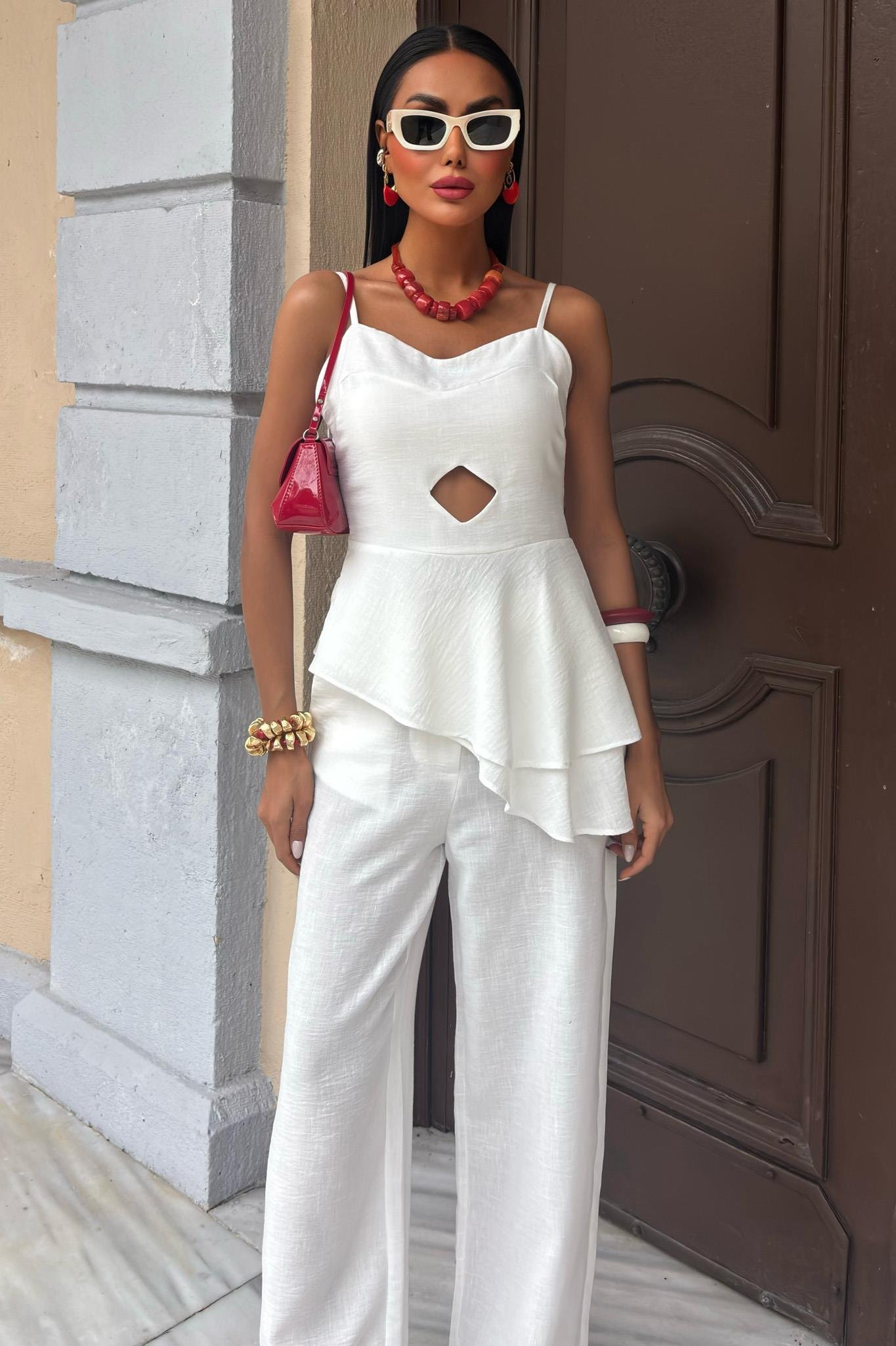 Göğsü Pencereli Fırfır Detay Flamlı Keten Takım 10161 R7-B-K5