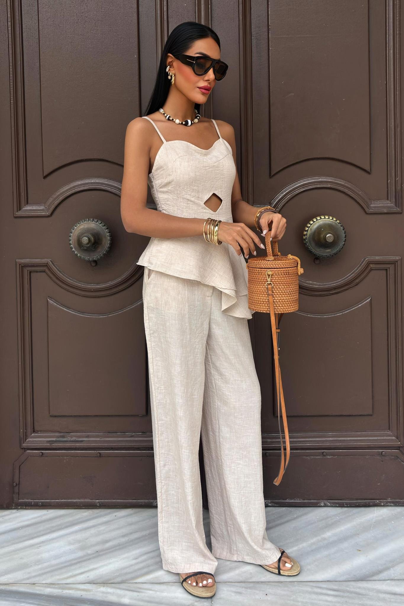 Göğsü Pencereli Fırfır Detay Flamlı Keten Takım 10161 R7-B-K5