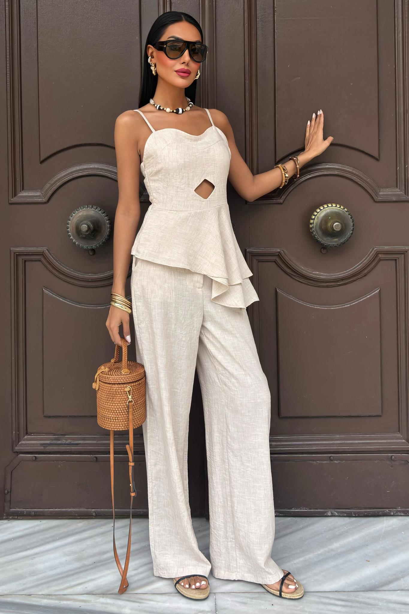 Göğsü Pencereli Fırfır Detay Flamlı Keten Takım 10161 R7-B-K5