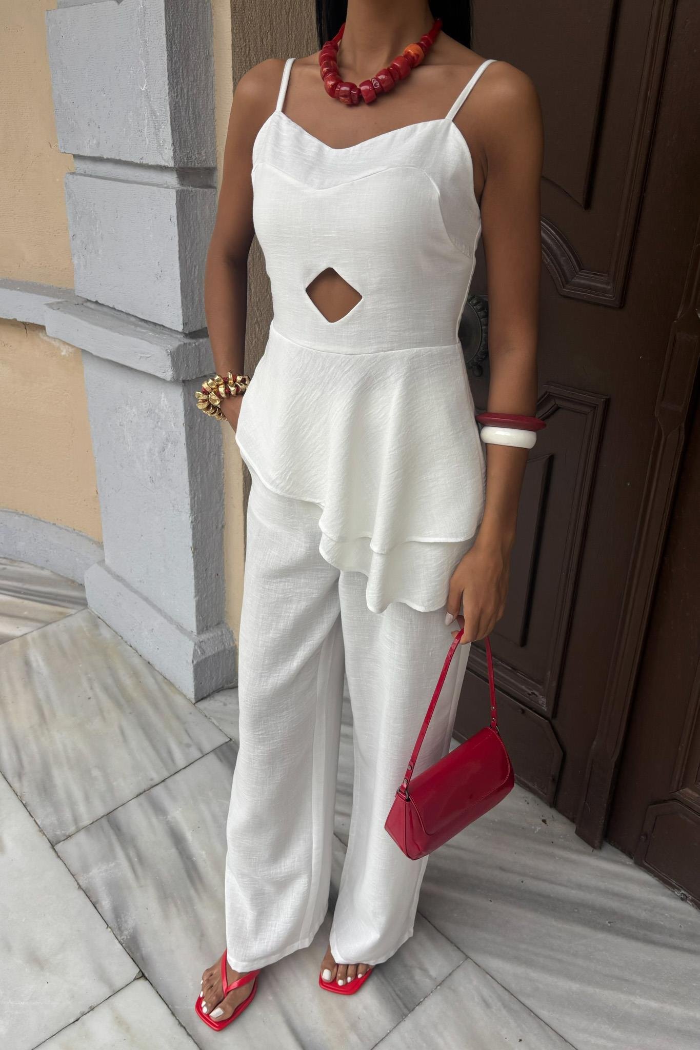 Göğsü Pencereli Fırfır Detay Flamlı Keten Takım 10161 R7-B-K5