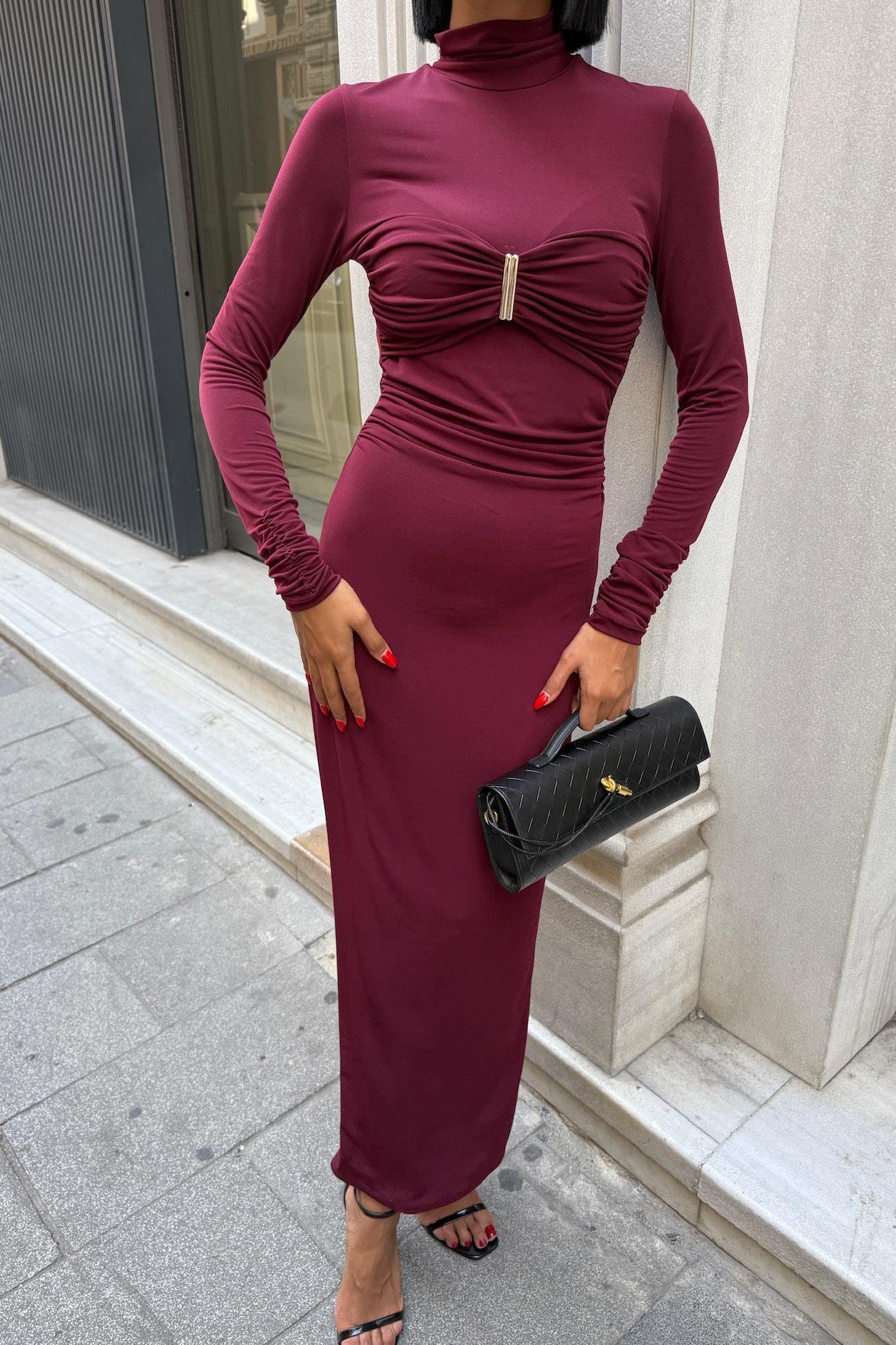 Göğüs Aksesuar Detaylı Drapeli Elbise 2911 R5-F-K1