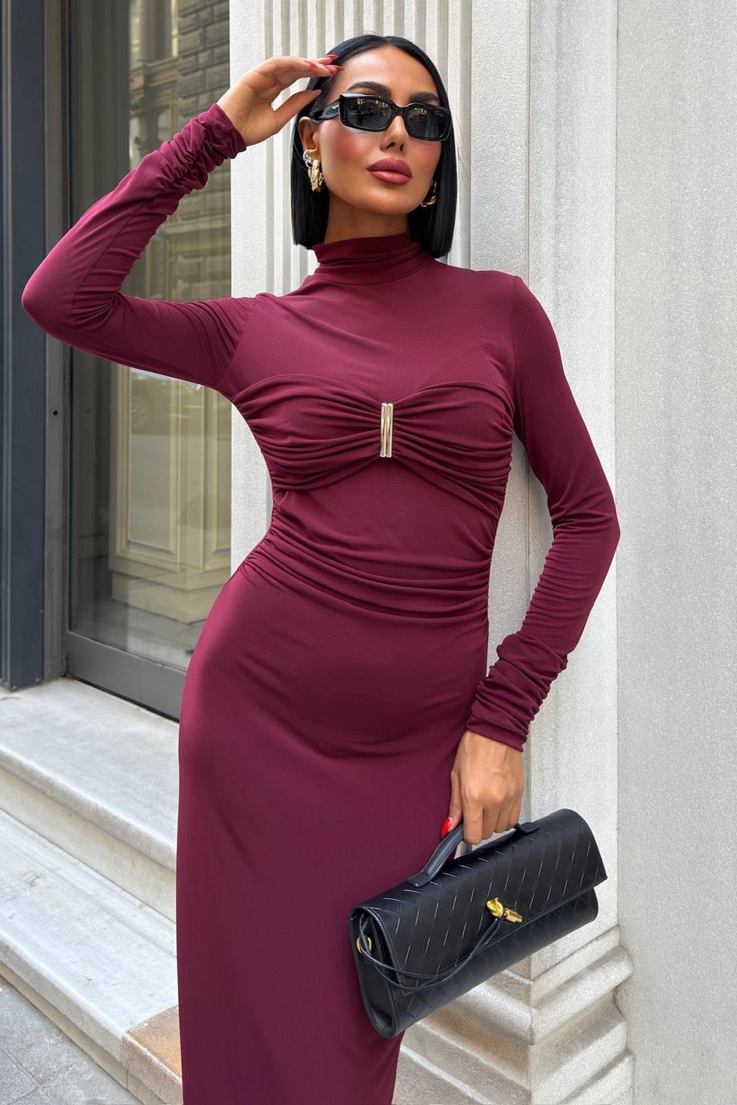 Göğüs Aksesuar Detaylı Drapeli Elbise 2911 R5-F-K1