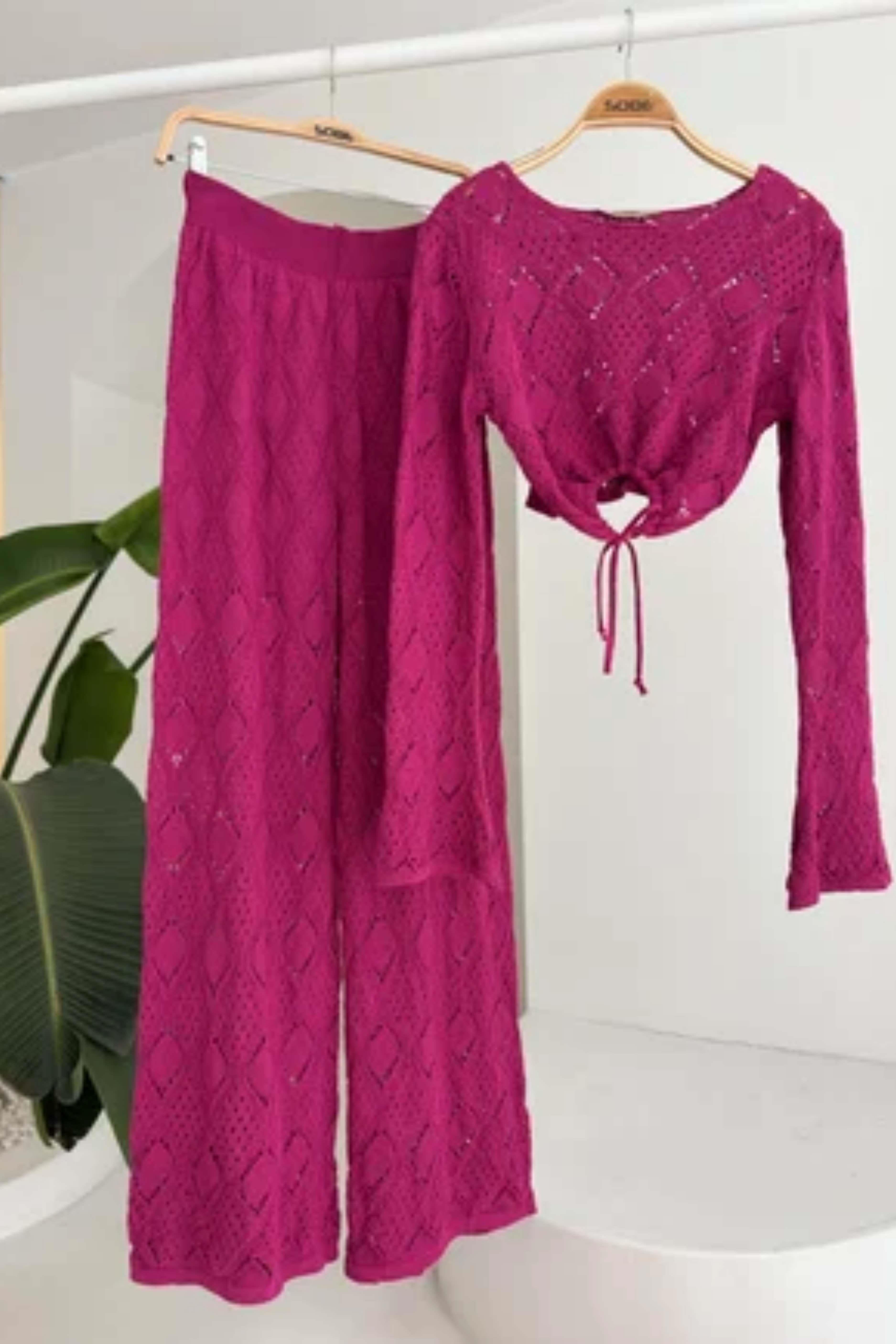 Göğüs Bağcık Detaylı Ajurlu Bluz Pantolon Takım 10098 R1-G-K4