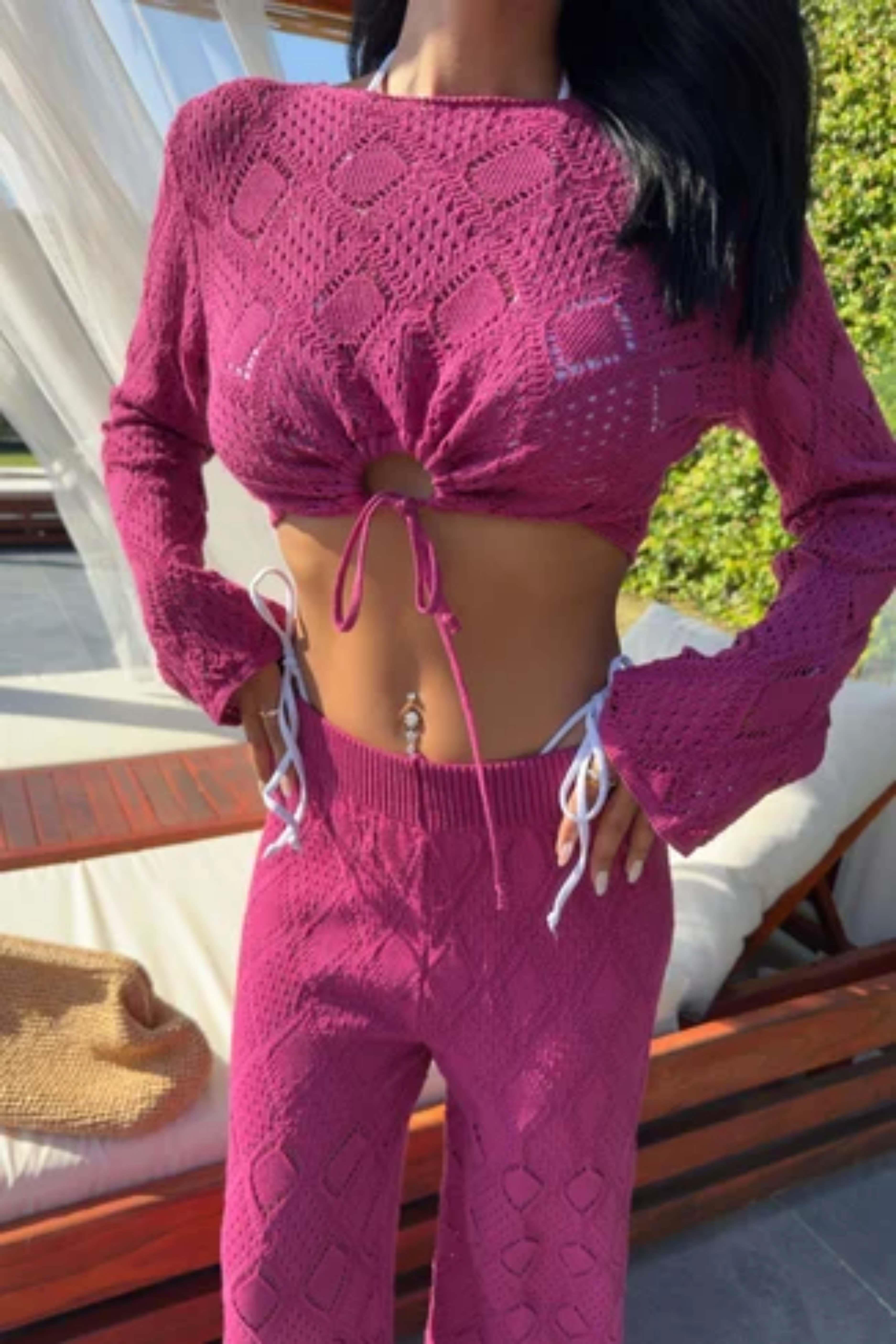 Göğüs Bağcık Detaylı Ajurlu Bluz Pantolon Takım 10098 R1-G-K4