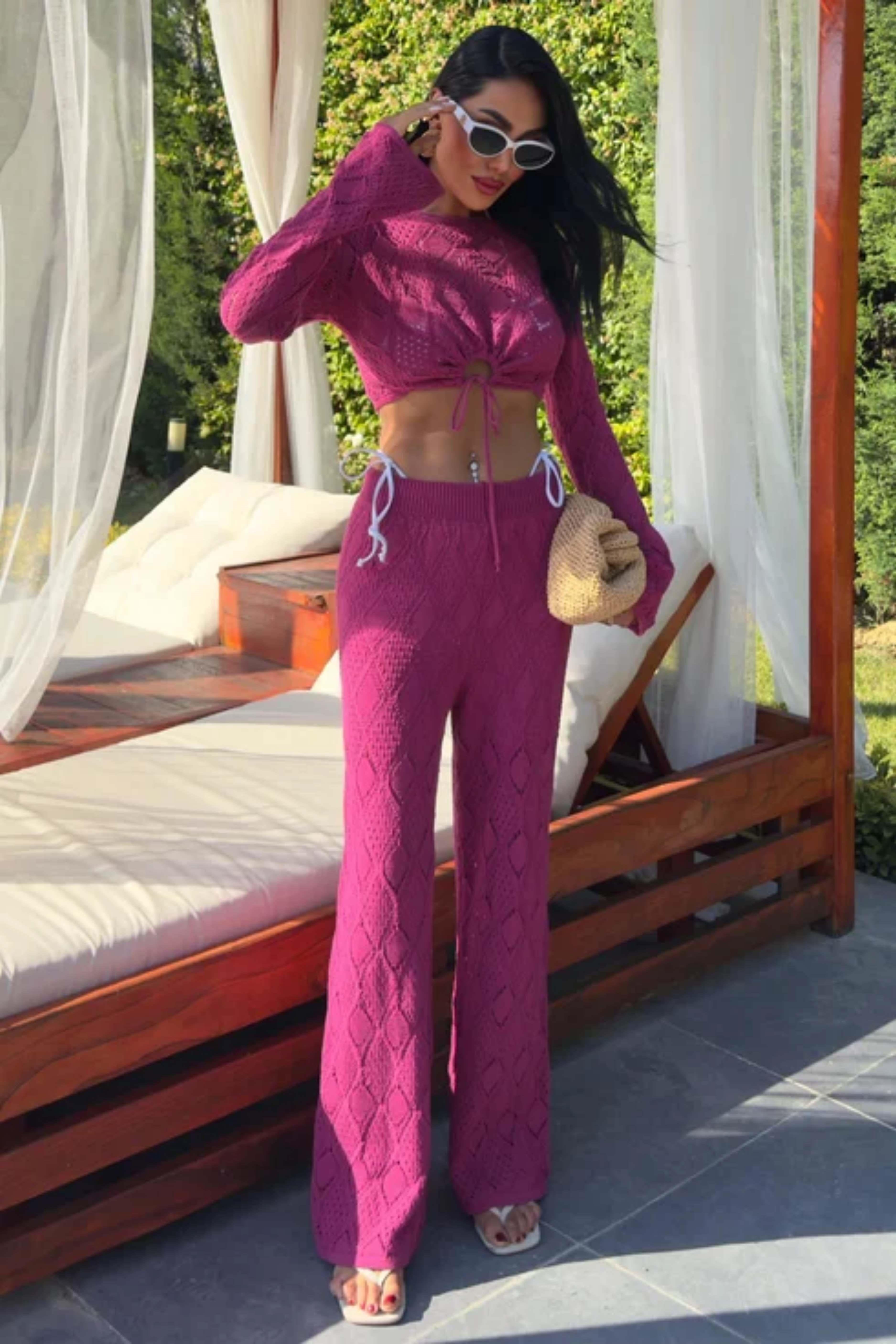 Göğüs Bağcık Detaylı Ajurlu Bluz Pantolon Takım 10098 R1-G-K4