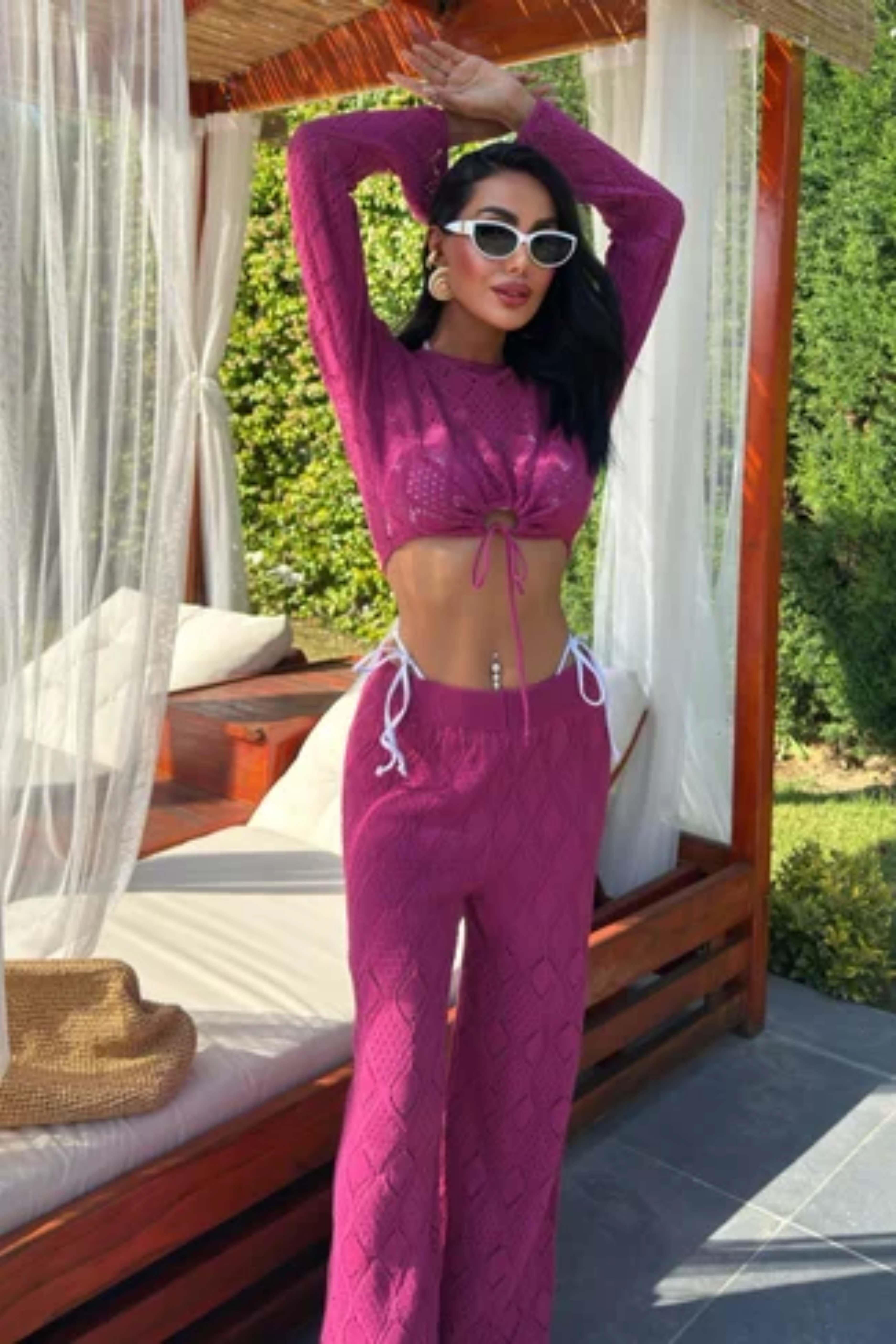 Göğüs Bağcık Detaylı Ajurlu Bluz Pantolon Takım 10098 R1-G-K4