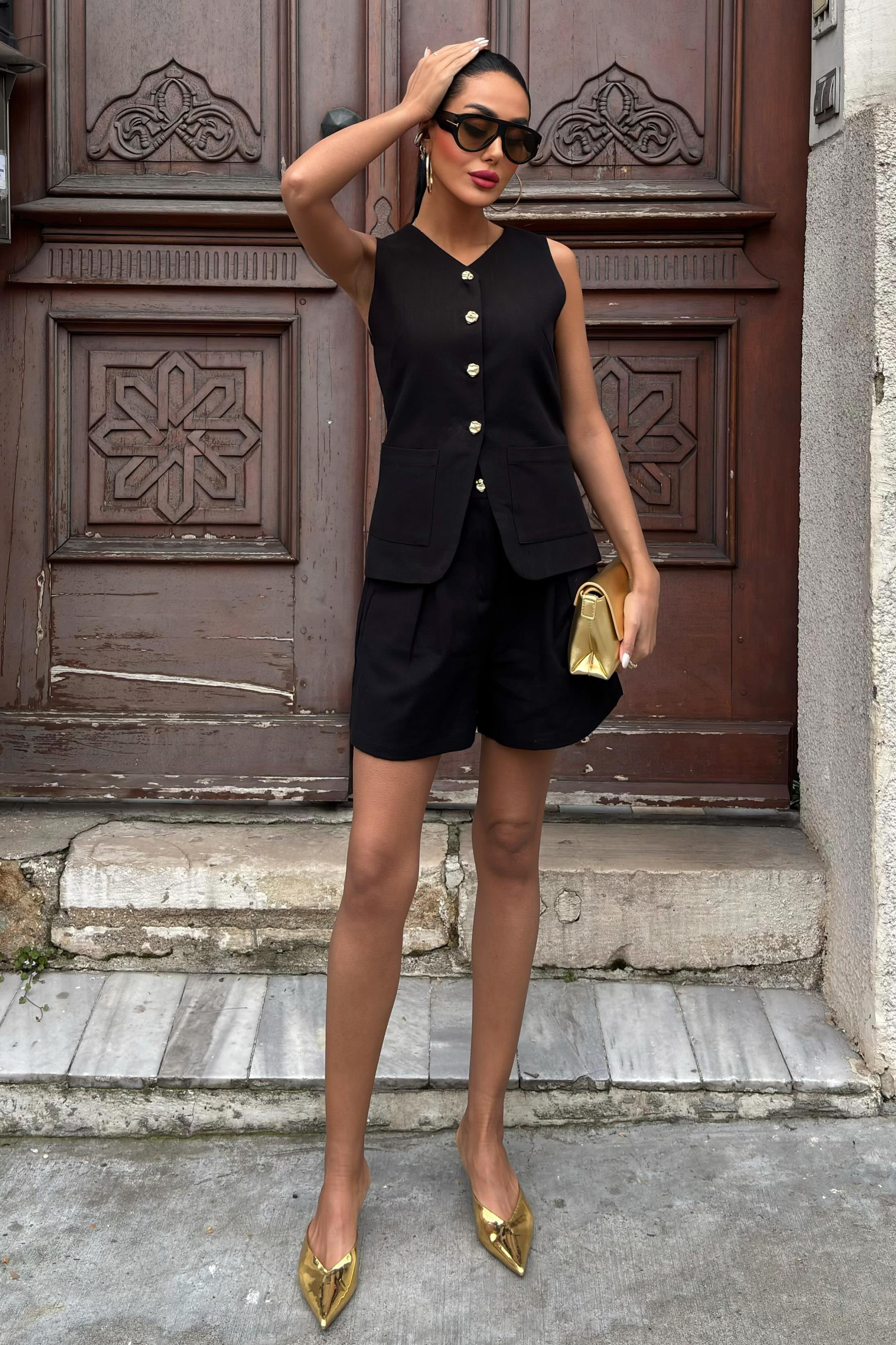 Gold Düğme Detaylı Yelek Şort Cotton Takım 10134-17 R9-F-K5