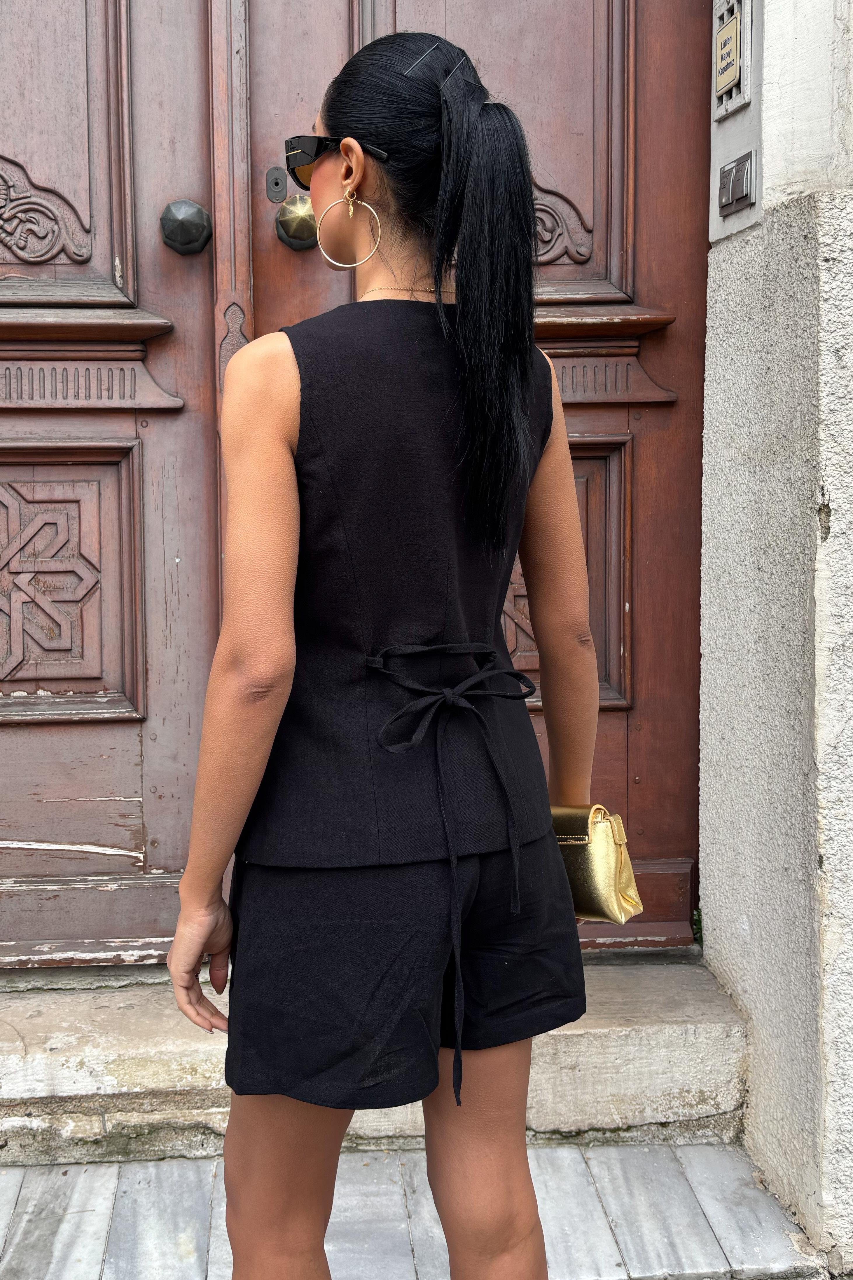 Gold Düğme Detaylı Yelek Şort Cotton Takım 10134-17 R9-F-K5