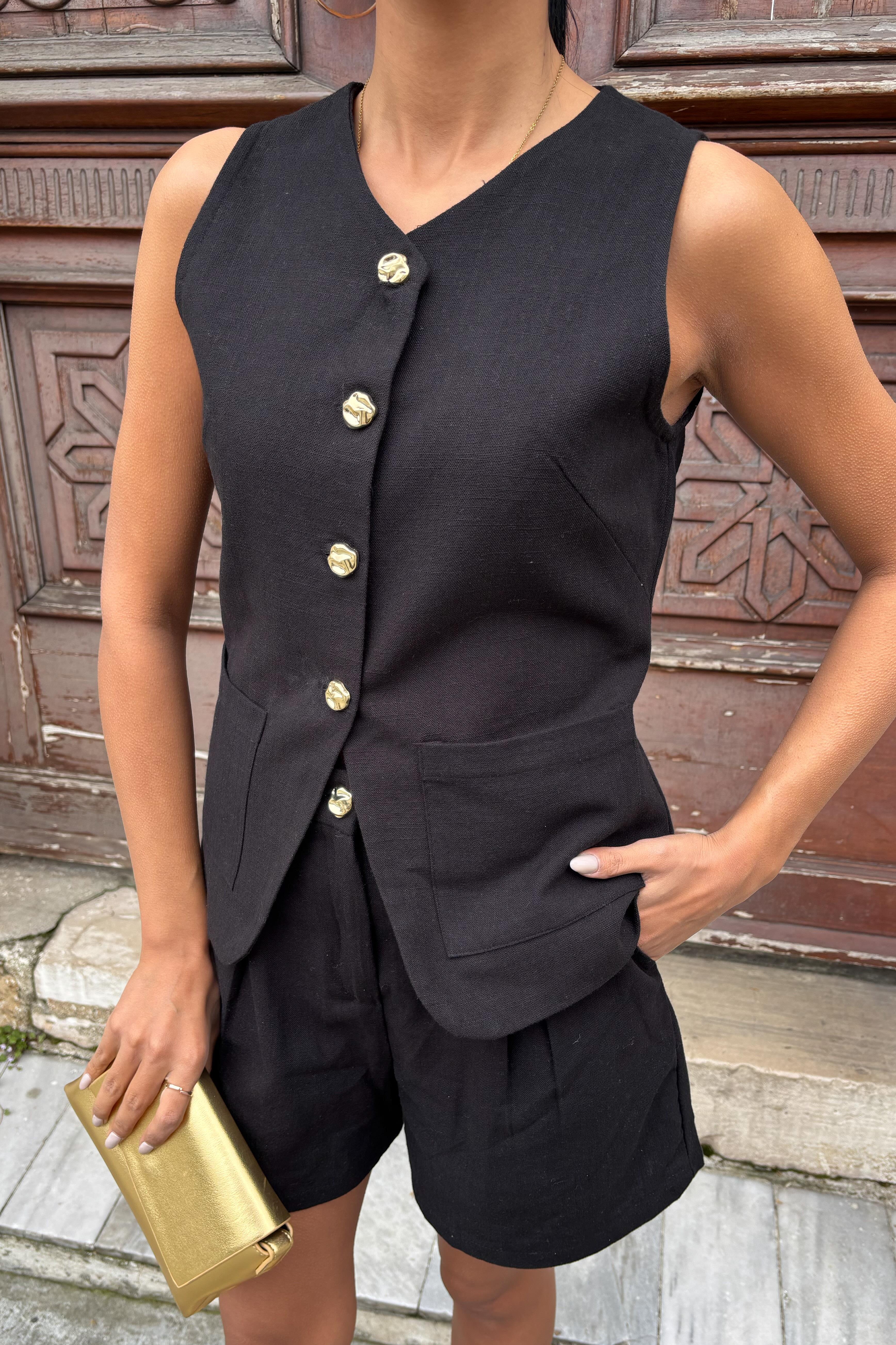 Gold Düğme Detaylı Yelek Şort Cotton Takım 10134-17 R9-F-K5