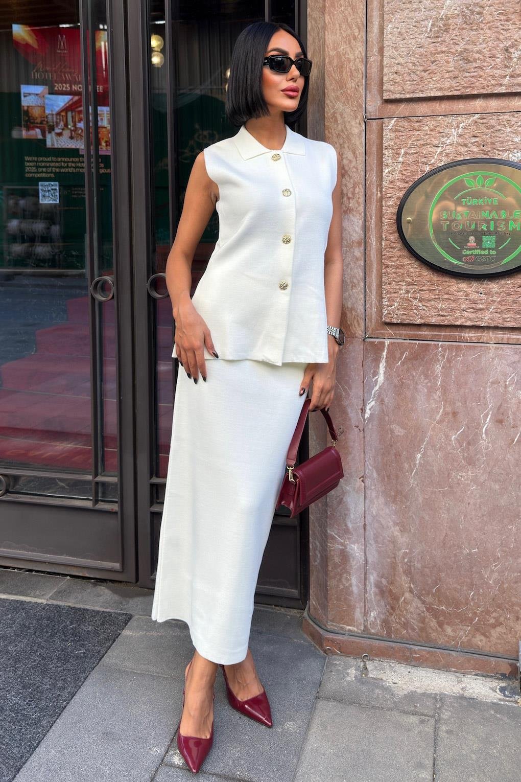 Gold Düğme Detaylı Yelekli Midi Takım 10230 R1-G-K5