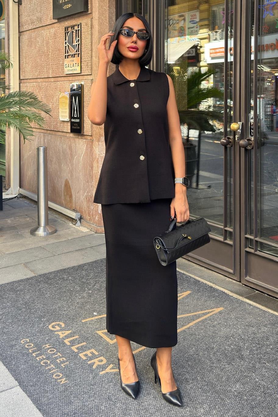 Gold Düğme Detaylı Yelekli Midi Takım 10230 R1-G-K5