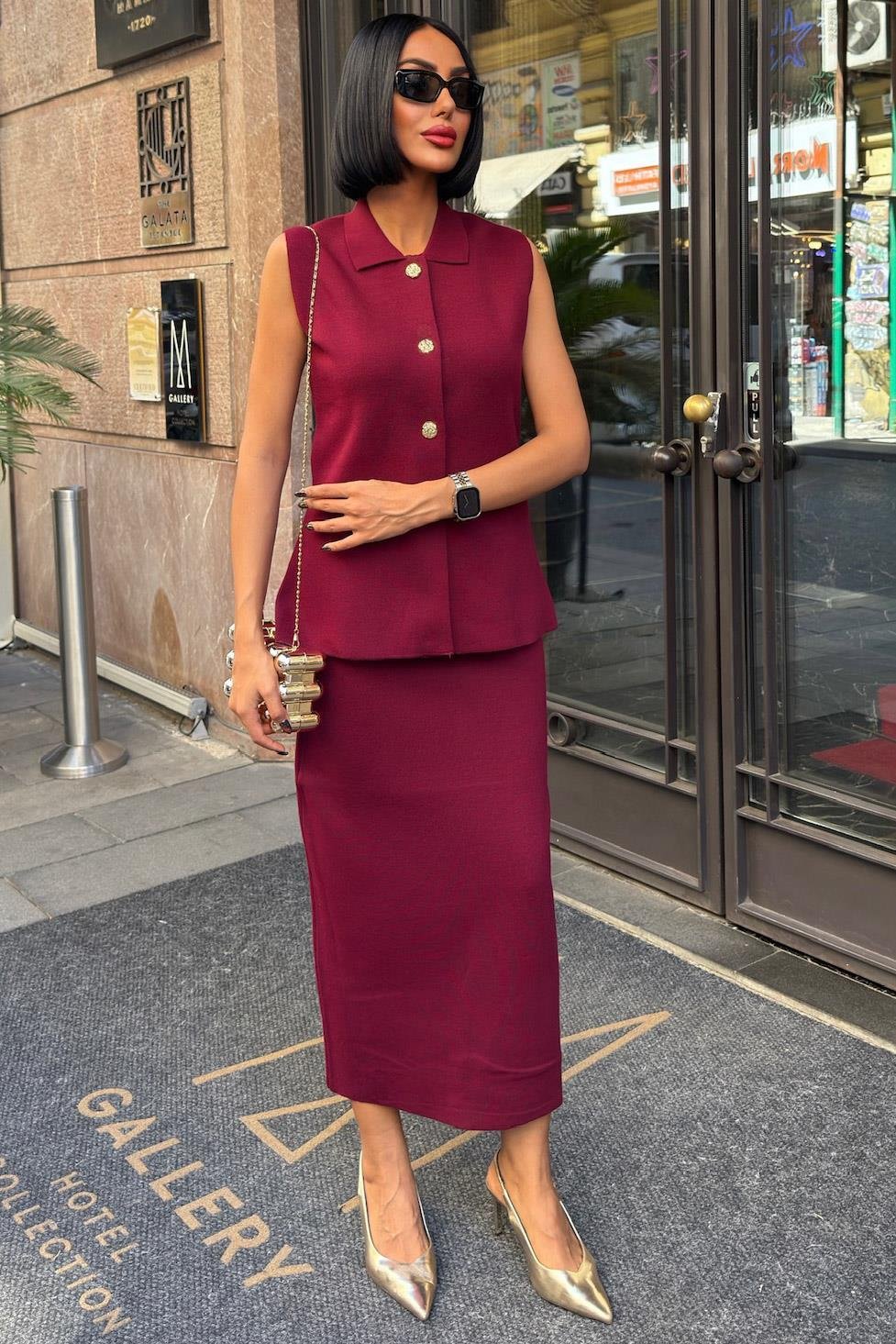 Gold Düğme Detaylı Yelekli Midi Takım 10230 R1-G-K5