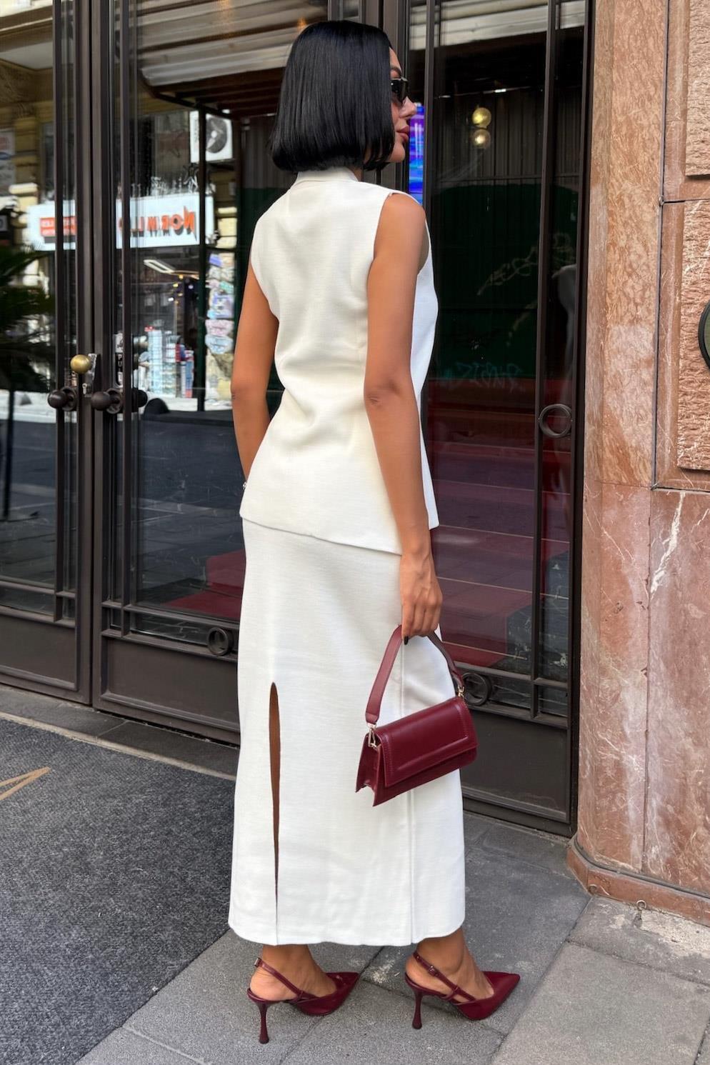 Gold Düğme Detaylı Yelekli Midi Takım 10230 R1-G-K5