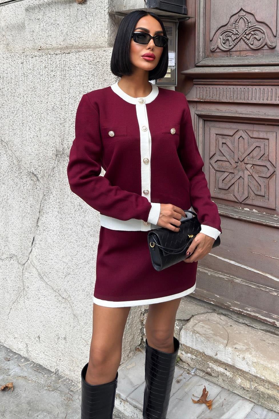 Gold Düğmeli ve Şerit Detaylı Etekli Triko Takım 10222 R2-A-K1