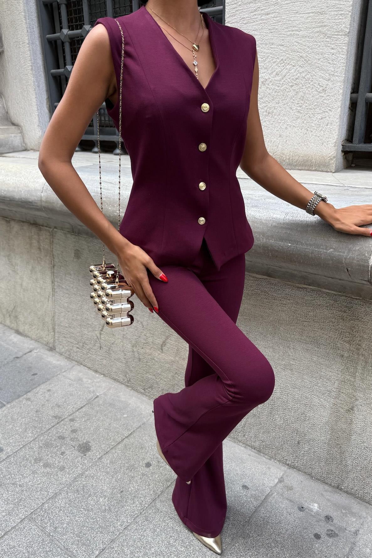 Gold Düğmeli Yelekli ve İspanyol Pantolonlu Modal Takım 10245 R6-E-K1