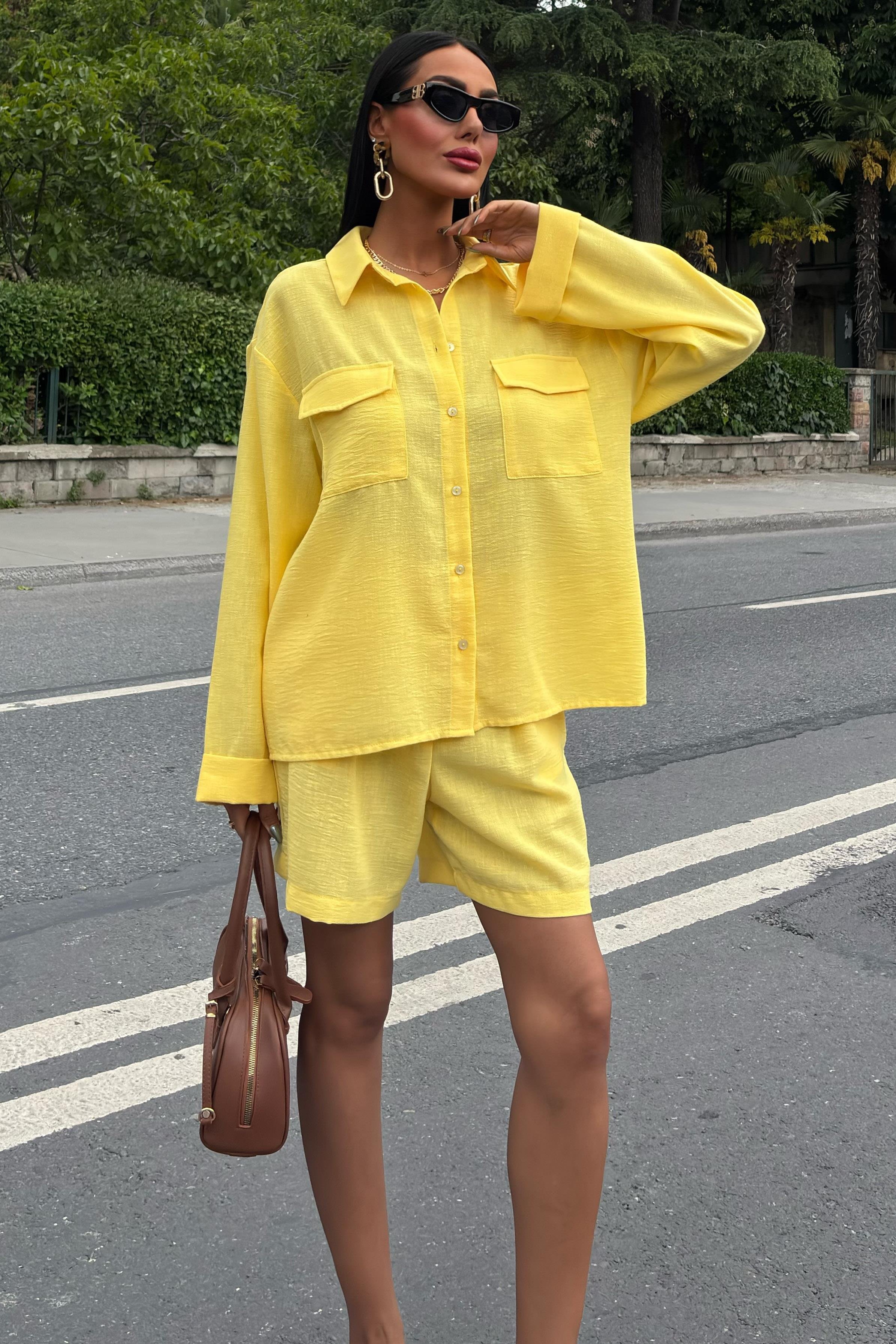 Gömlek ve Şort Flamlı Keten Takım 10130 R9-E-K2