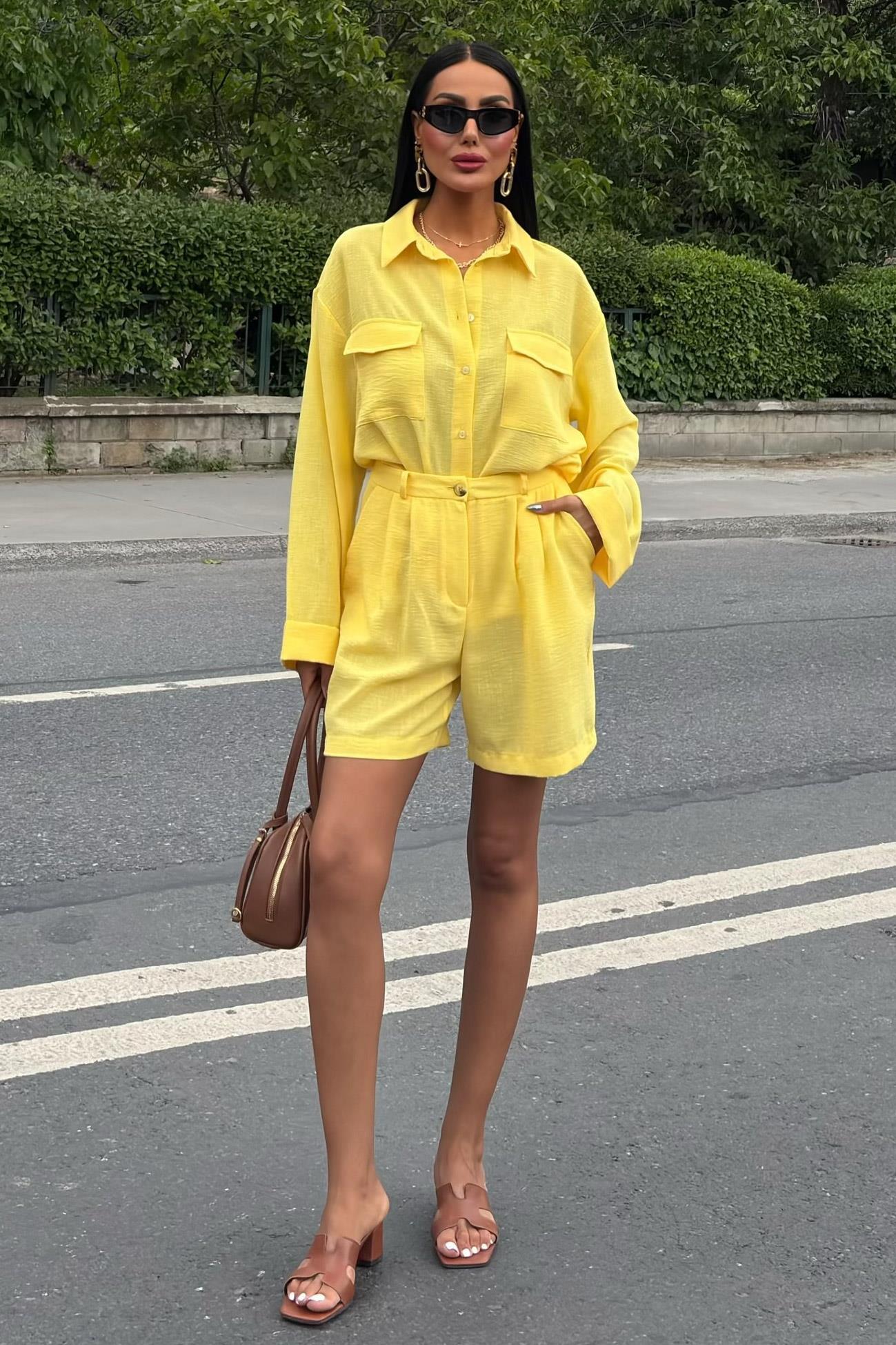 Gömlek ve Şort Flamlı Keten Takım 10130 R9-E-K2